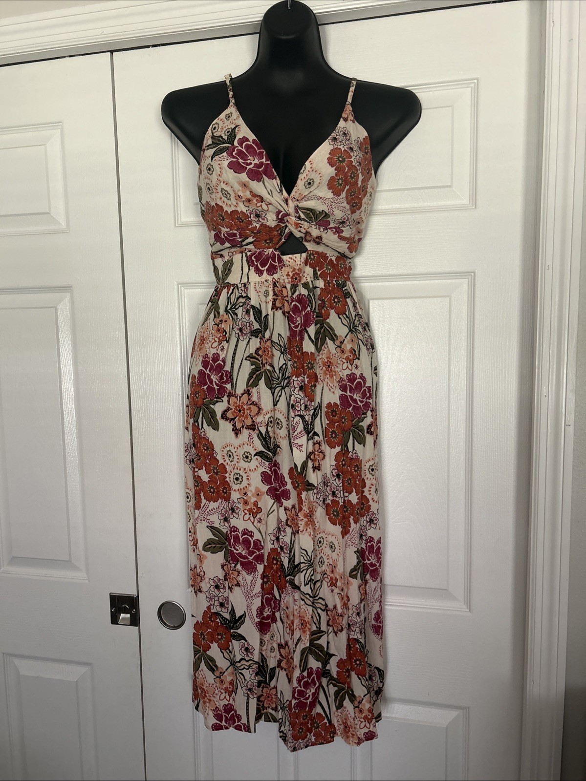 Angie Womens Boho Sundress Size L, Cream With Dark Pink And Orange