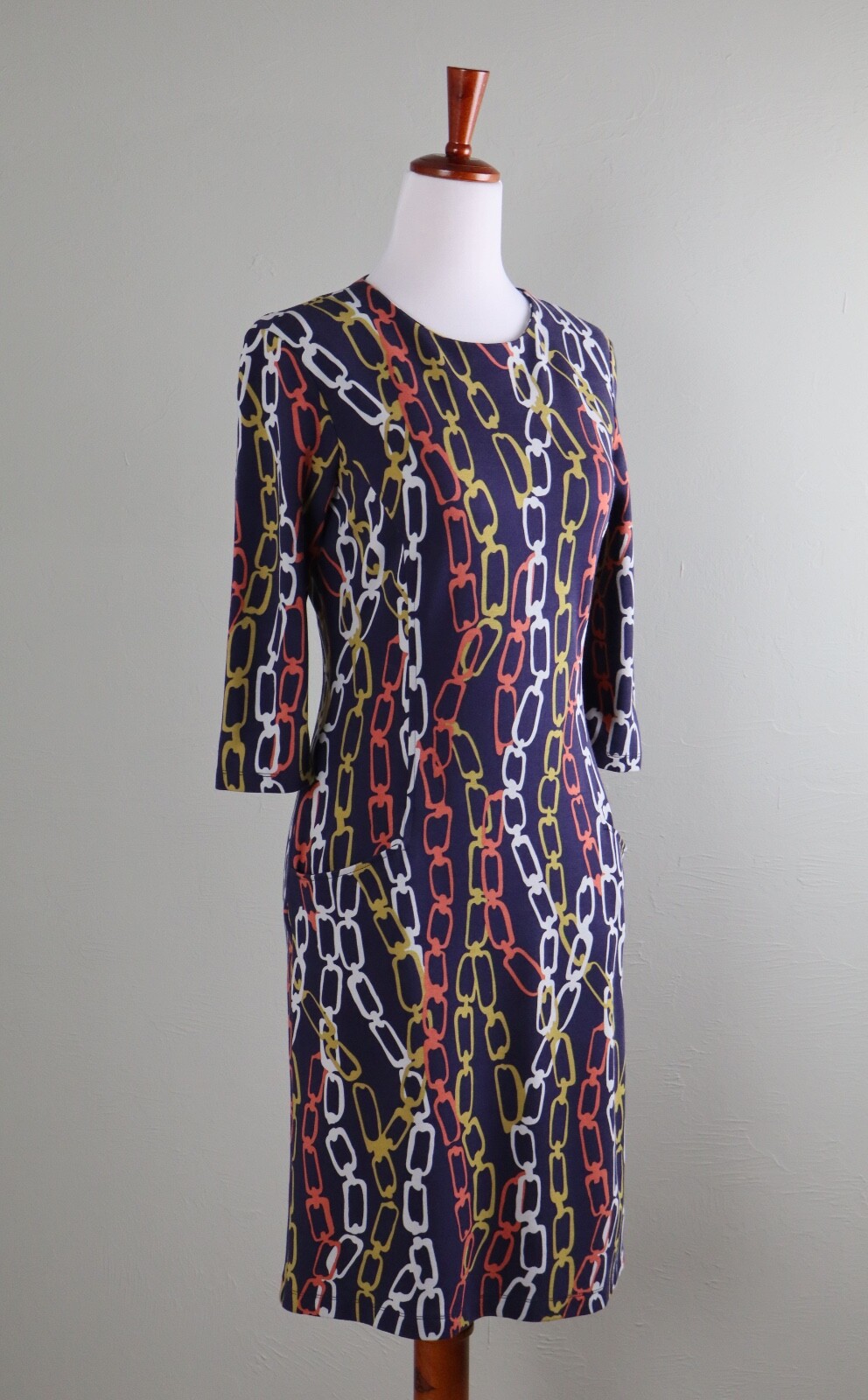 J. MCLAUGHLIN $228 Navy Soft Stretch Rayon Chain Link Print Dress Size XS
