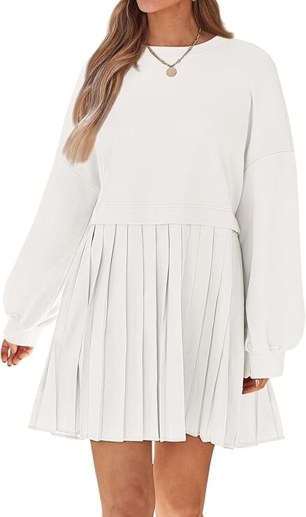 Lillusory Womens Oversized Pleated Tunic Long Sleeve Sweatshirt Dress,White,M