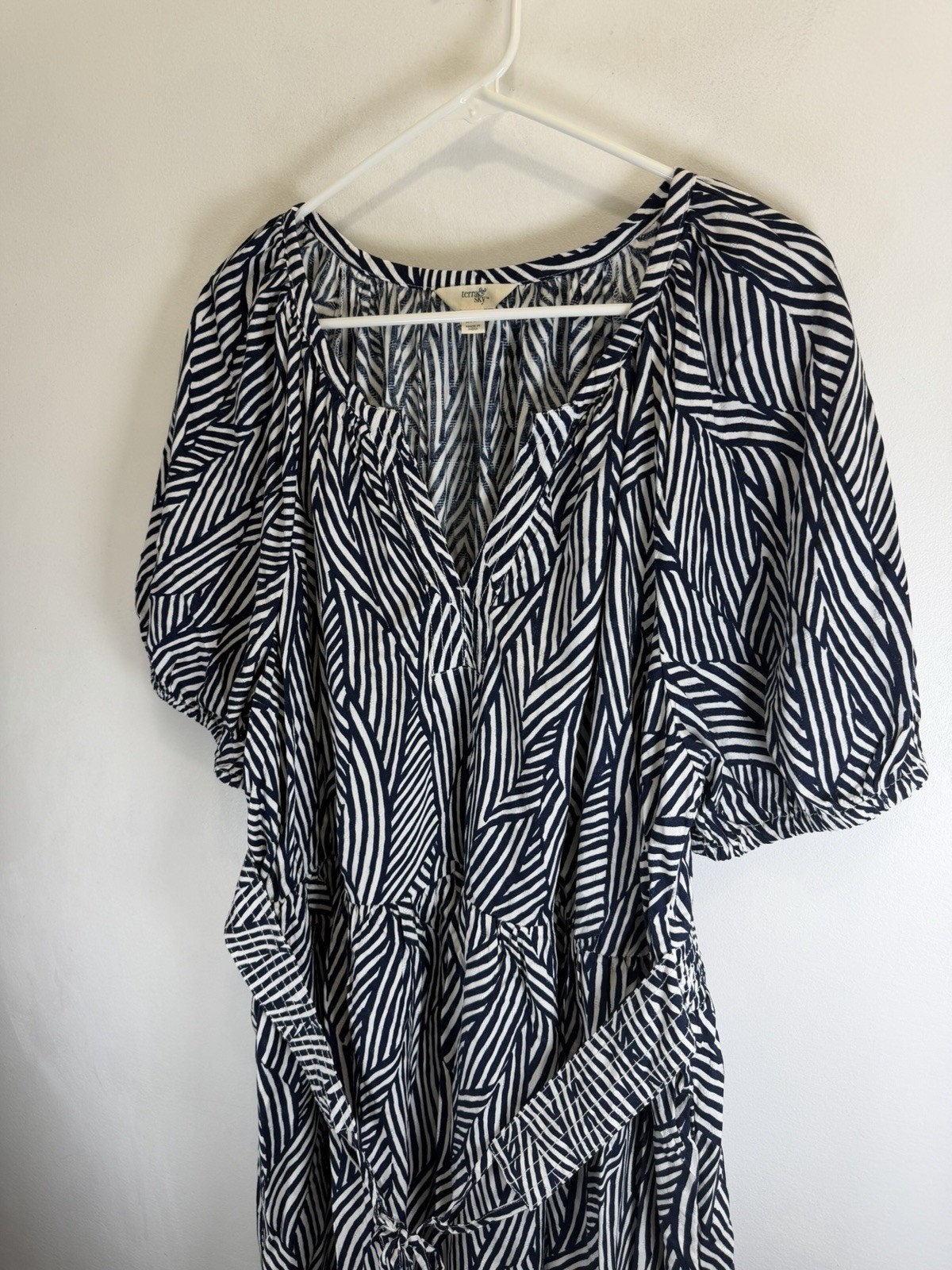 Terra & Sky Womens Dress 1X Navy Blue White Stripe Puff Sleeves Belted Midi