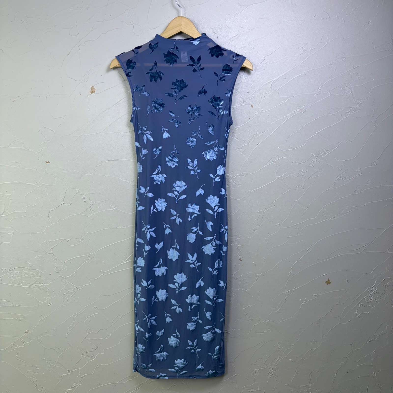 Madden Girl Mesh Floral Midi Dress Women M Blue Velvet Burnout Mock Neck Bodycon