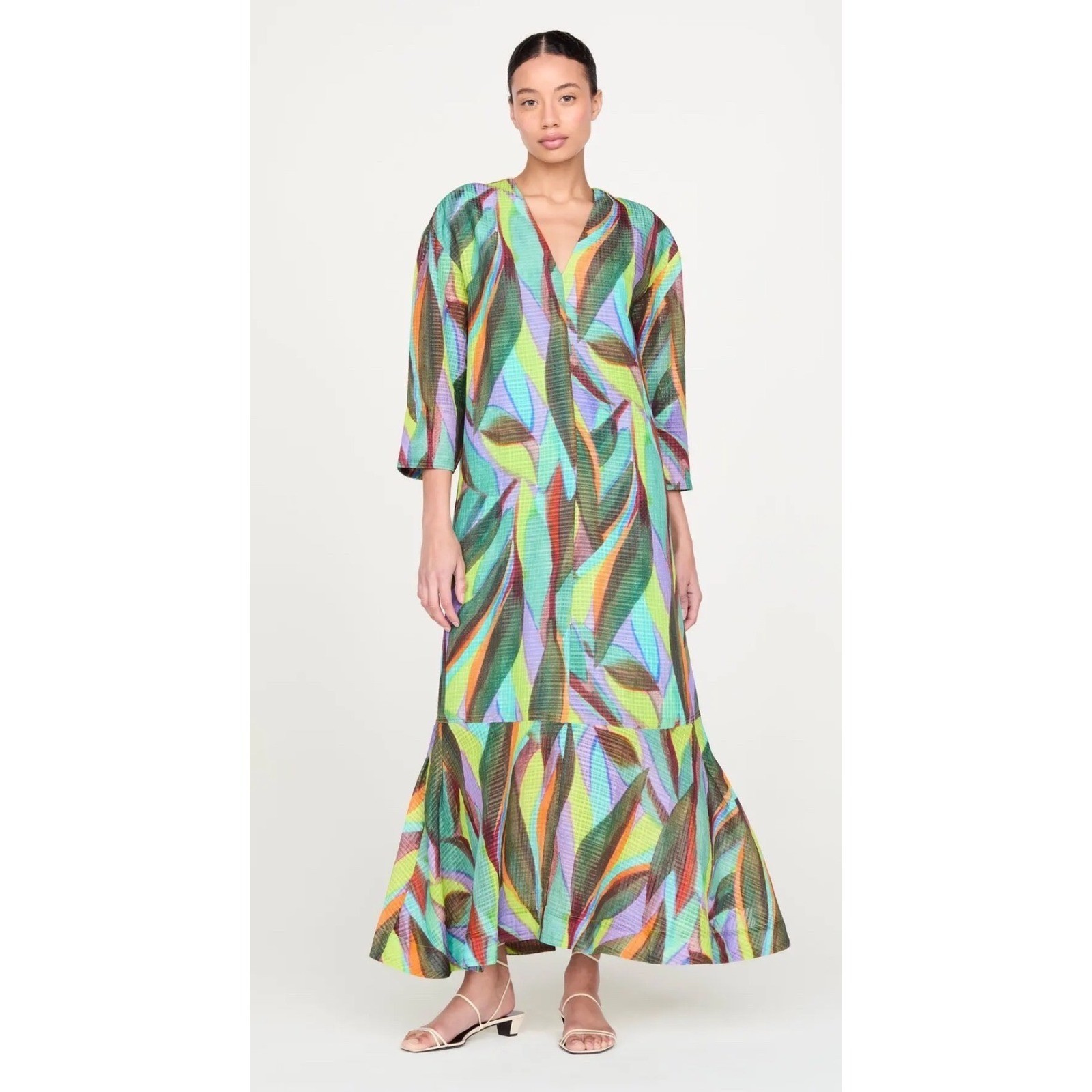 Marie Oliver Marlee Caftan Multi Abstract Leaf Maxi Dress V-Neck XL