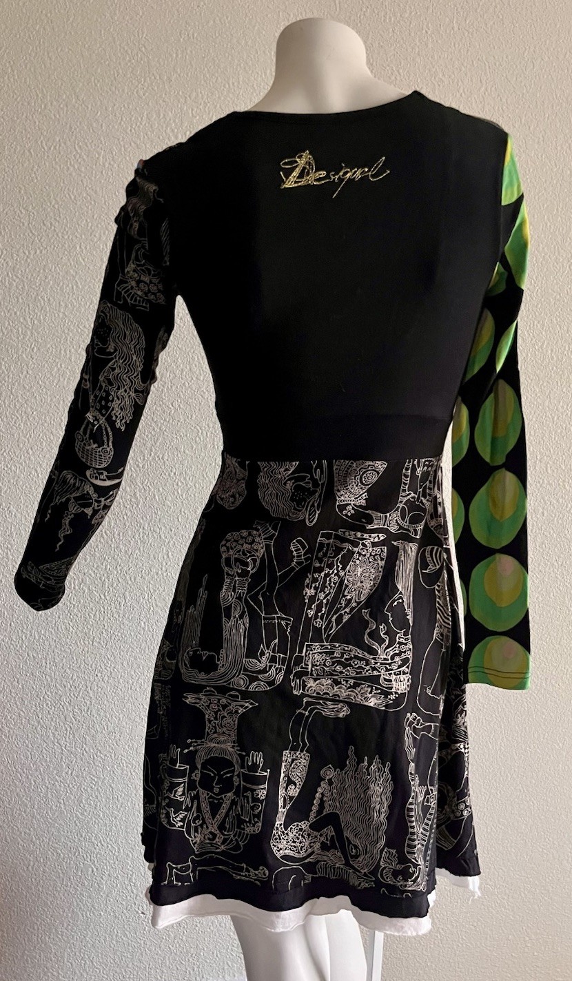 Desigual Art Print Dress Size Small Black Graphic Asymmetrical Sleeve Boho