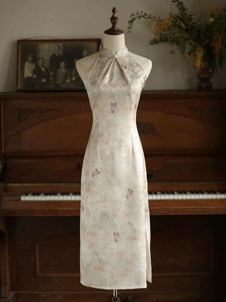 A52-1 Champagne Halter Qipao Dress Chinese Style Sleeveless Cheongsam Midi Dress
