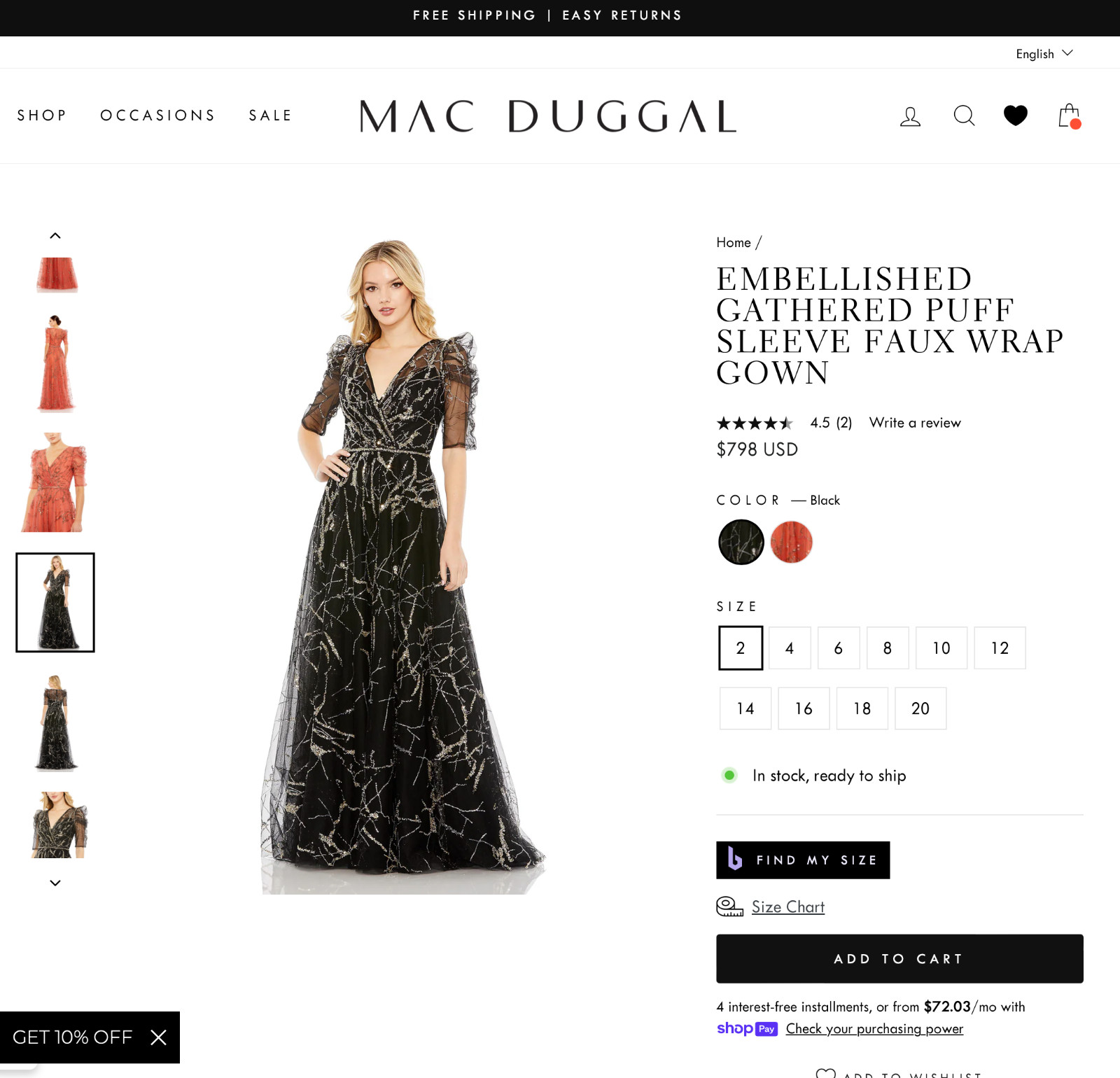 NWT Mac Duggal [ 8 ] 20428 Embellished Gathered Puff Sleeve Wrap Gown Blac J1484
