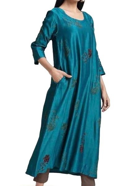 Tulsi Teal Chanduri Embroidered Dress Kurta Cotton Sz L Teal Purple Gold