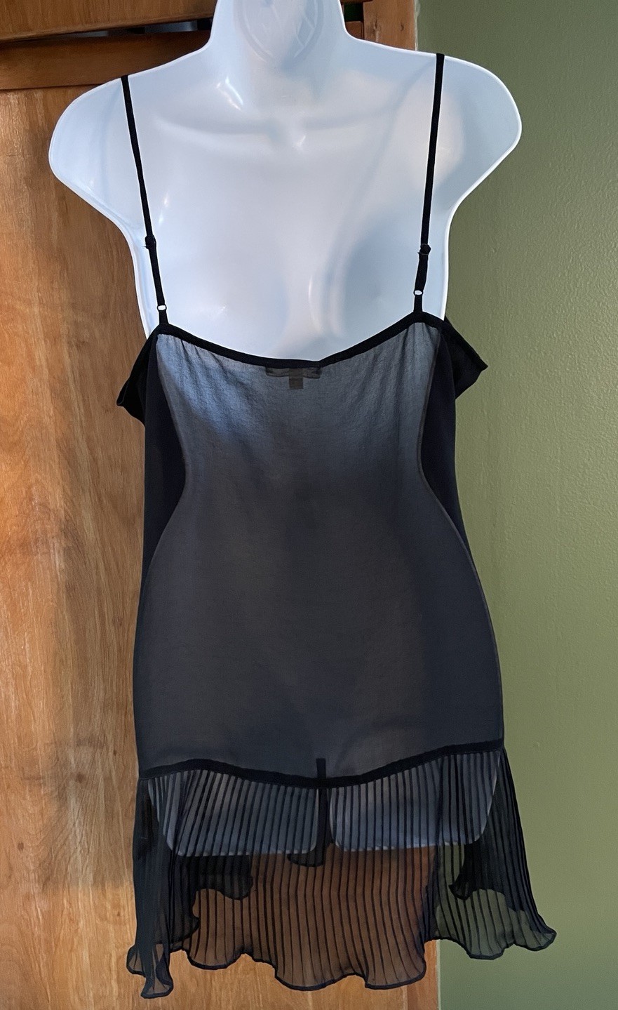 Trinity Black Mini Slip Dress Small S Lace Semi-Sheer Micro Pleats Chemise