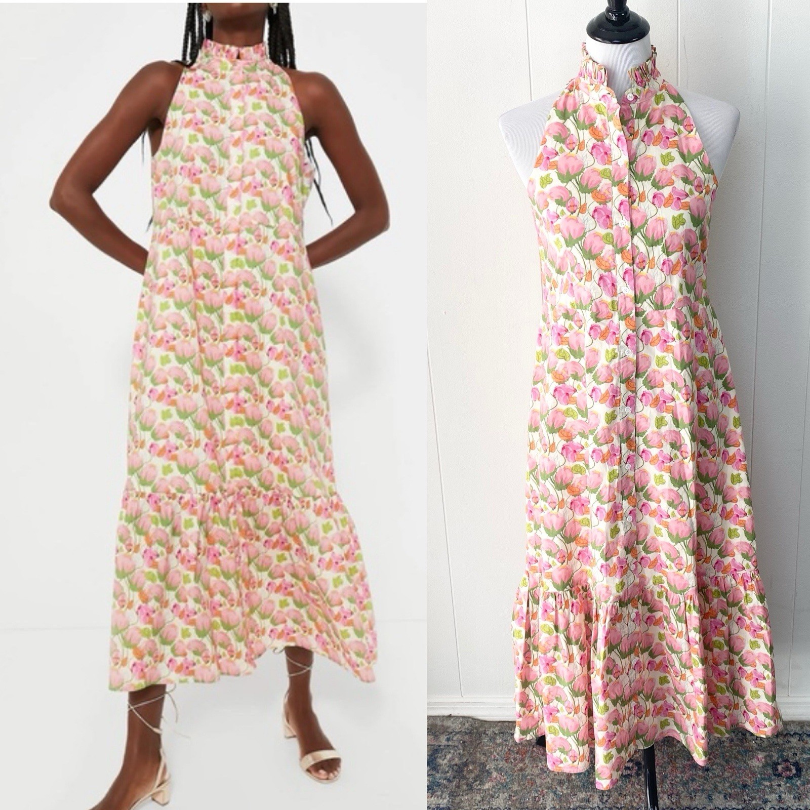 Hyacinth House Tukernuck Pink Tulip Floral Tess Maxi Dress Size XXS High Neck