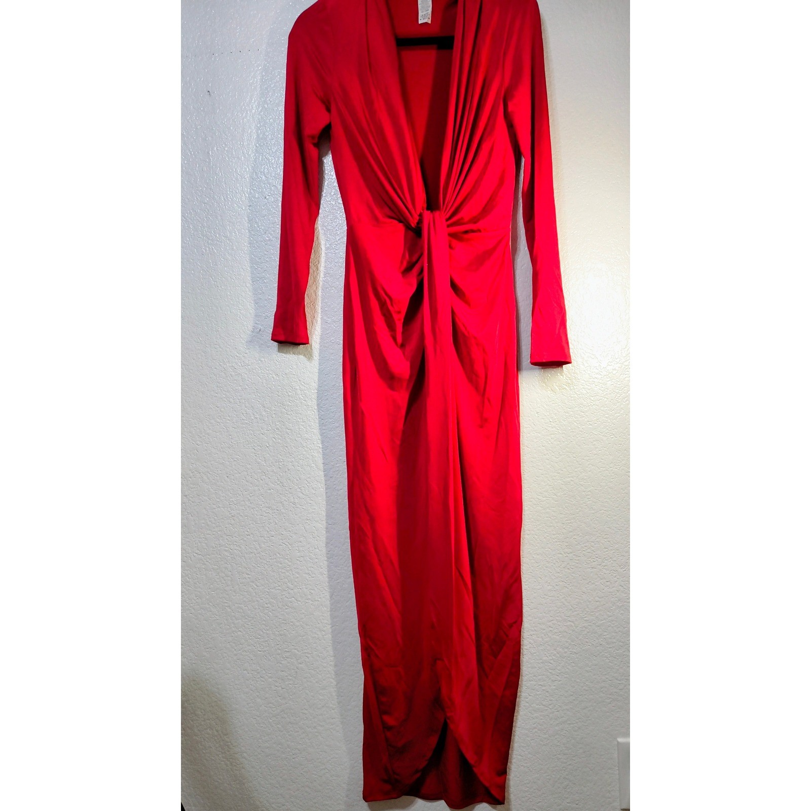 Cameo Red Deep V-Neck Knot Front Long Sleeve Maxi Dress C3436 Womens Medium (15)