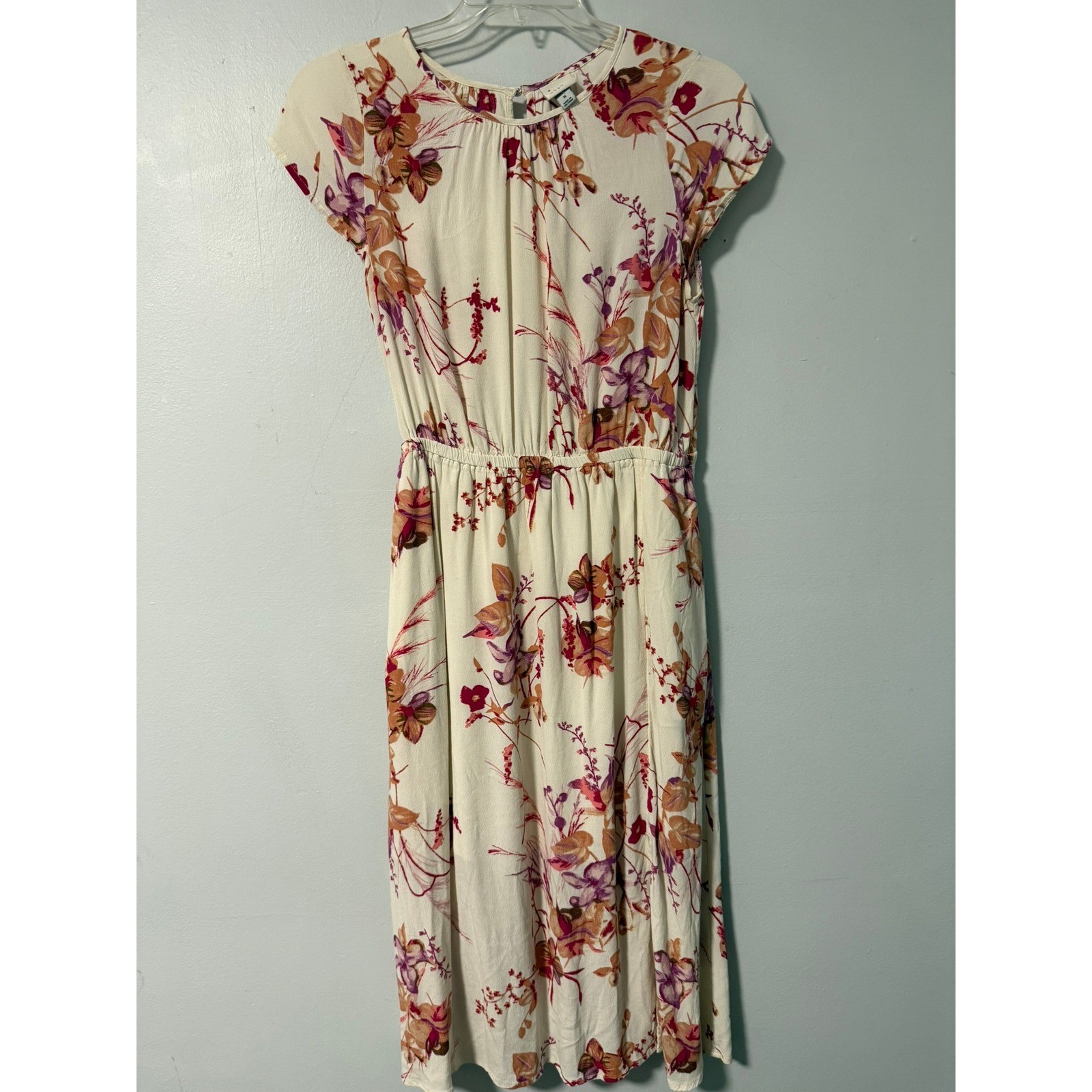 A New Day Womens Floral Midi Dress Cream Pink Orange Elastic Waist Rayon Size M