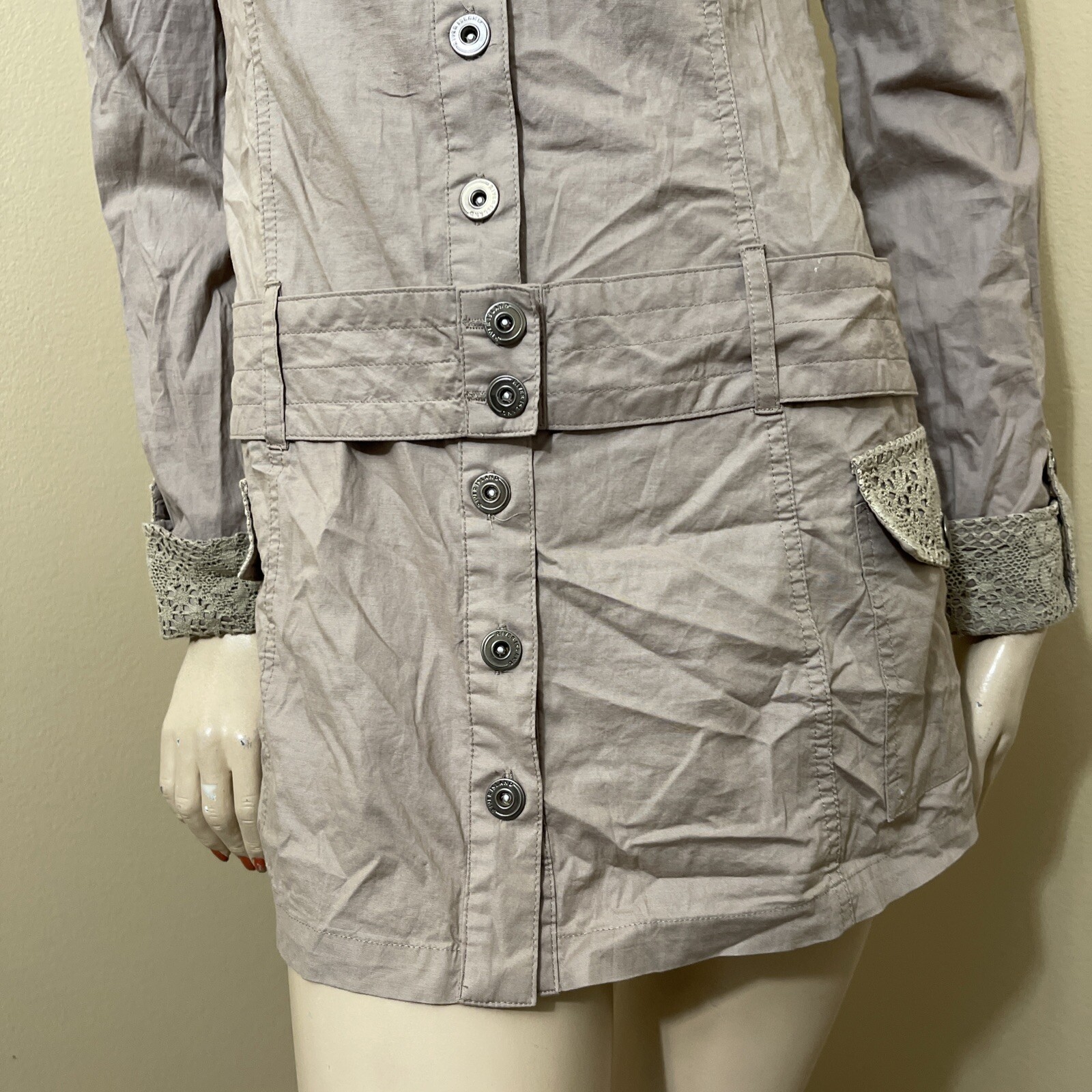 Women’s Beige Cotton Casual Collared Belted Lace Pickets Size S Button-up Dress