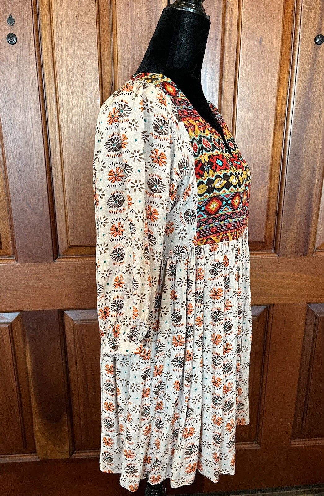 Umgee Aztec Dove Pattern 3/4 Sleeve Tunic Mini Dress Boho Western Rodeo Sz Small