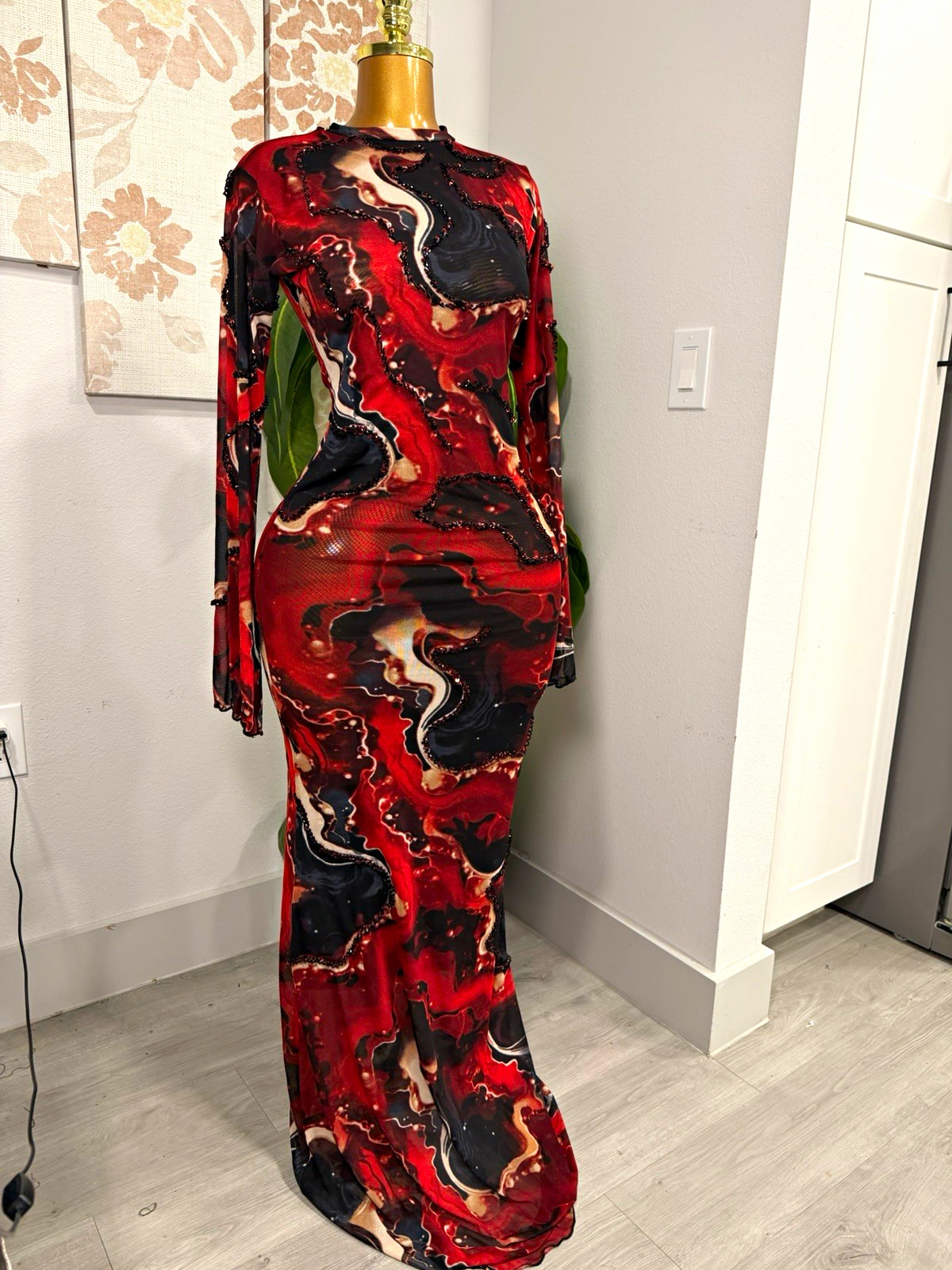 Women’s Mesh Sheer Stretch Beaded Bodycon Maxi Dress S Red/Black Abstract