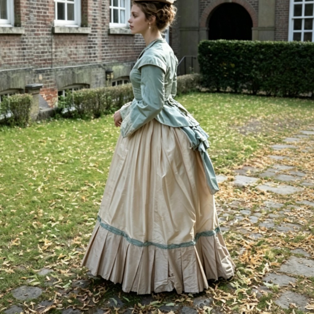Sage Green Victorian Walking Dress Vintage Civil War Historical Costume Tea Gown