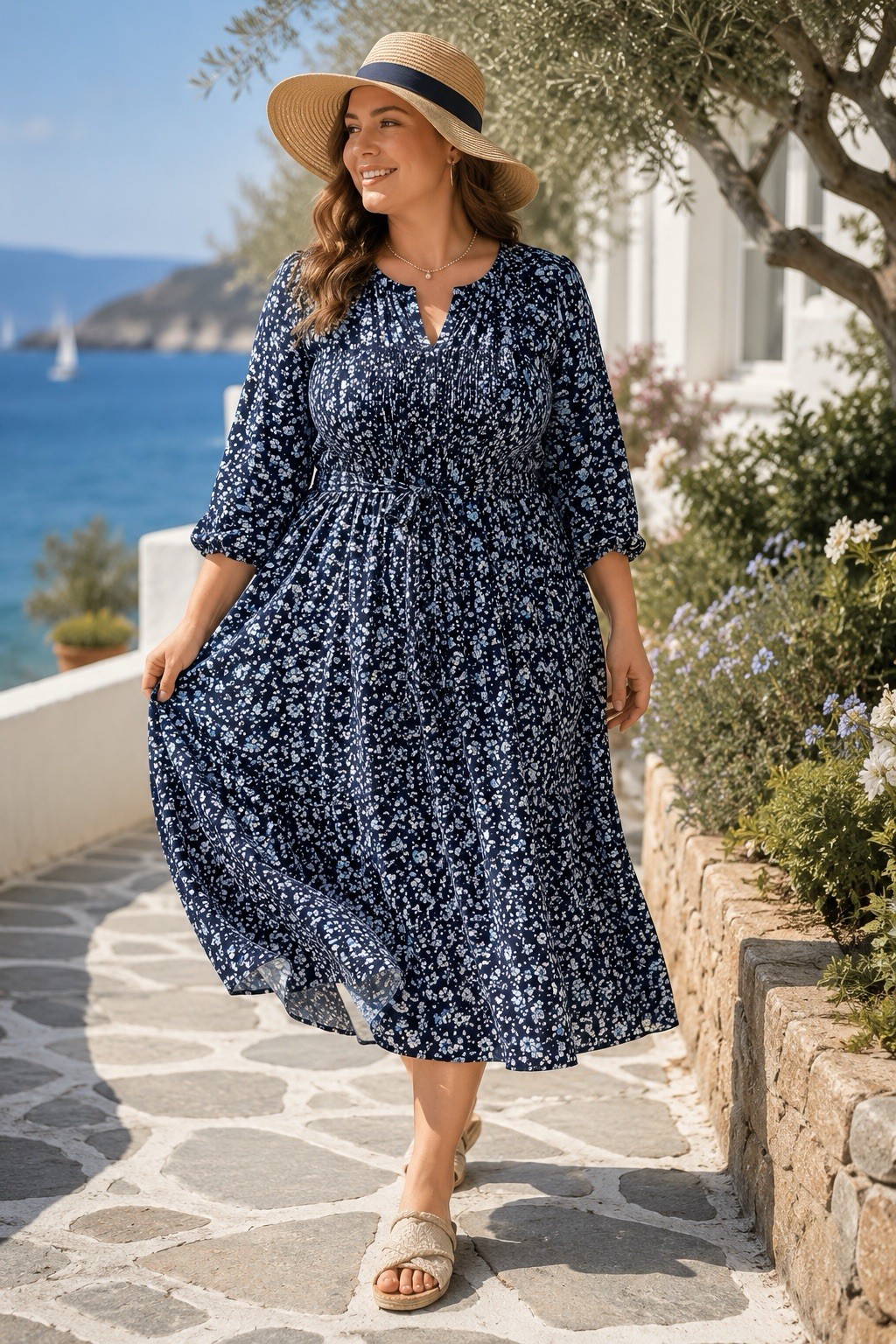 Terra & Sky 3X 24W-26W Floral Cotton Midi Dress Blue White Smocked Empire Waist