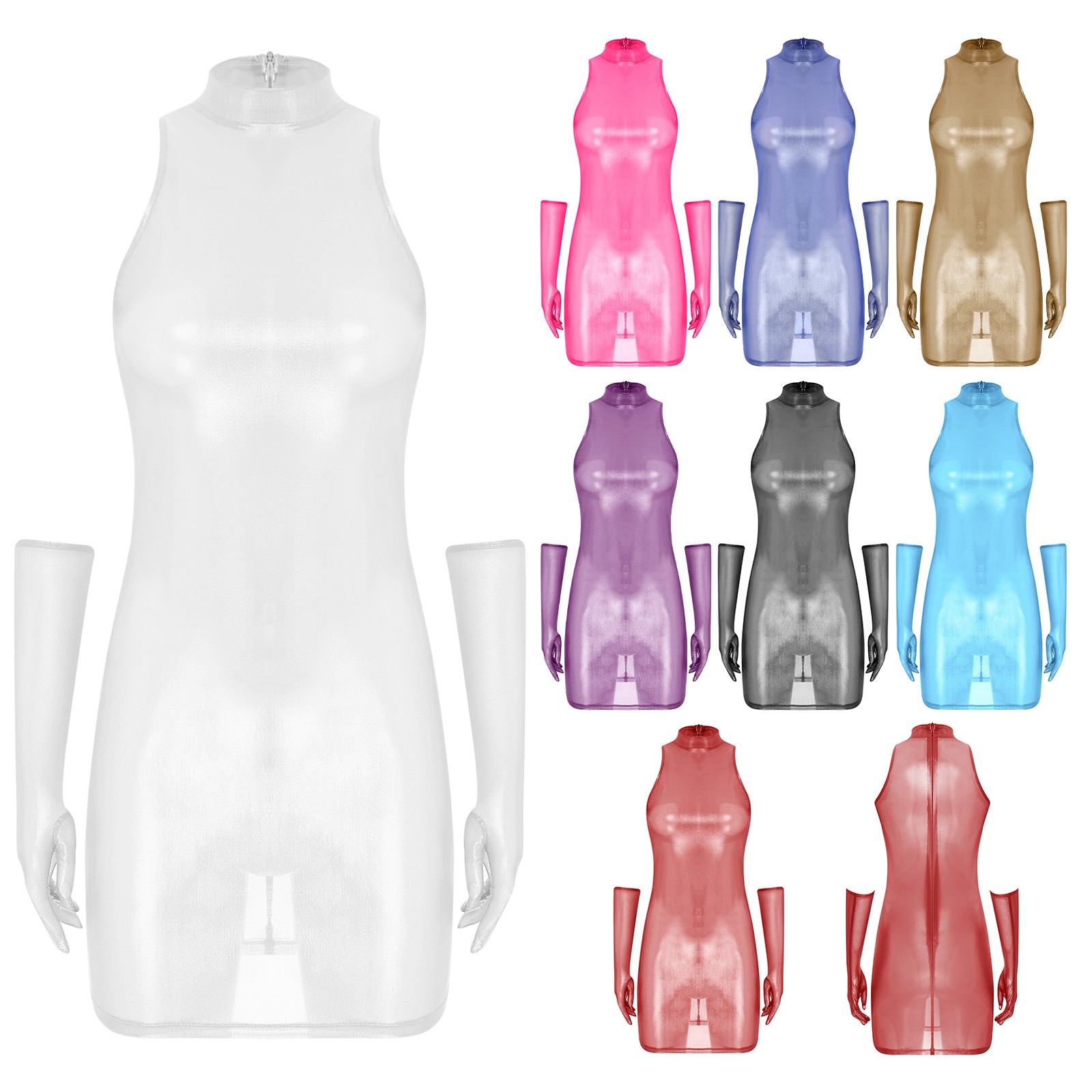 US Women’s Shiny See Through Bodycon Sleeveless Mini Dress with Gloves Clubwear