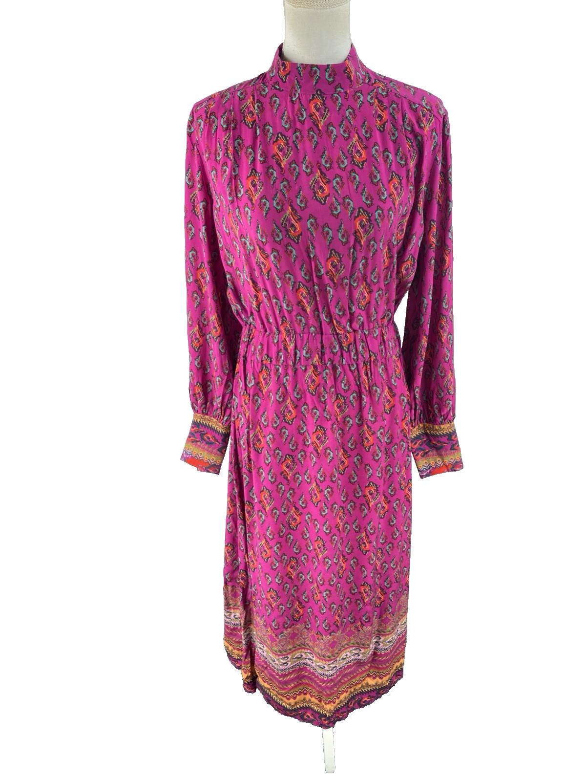 IVKO Womens 40 / L Ornament Motif Midi Dress Boho Printed Balloon Sleeve