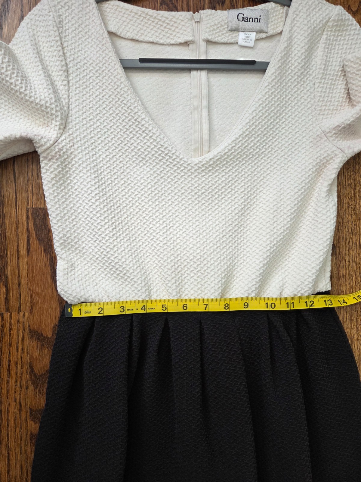 Ganni Ivory Black Textured Fit & Flare Mini Dress V-Neck Short Sleeve