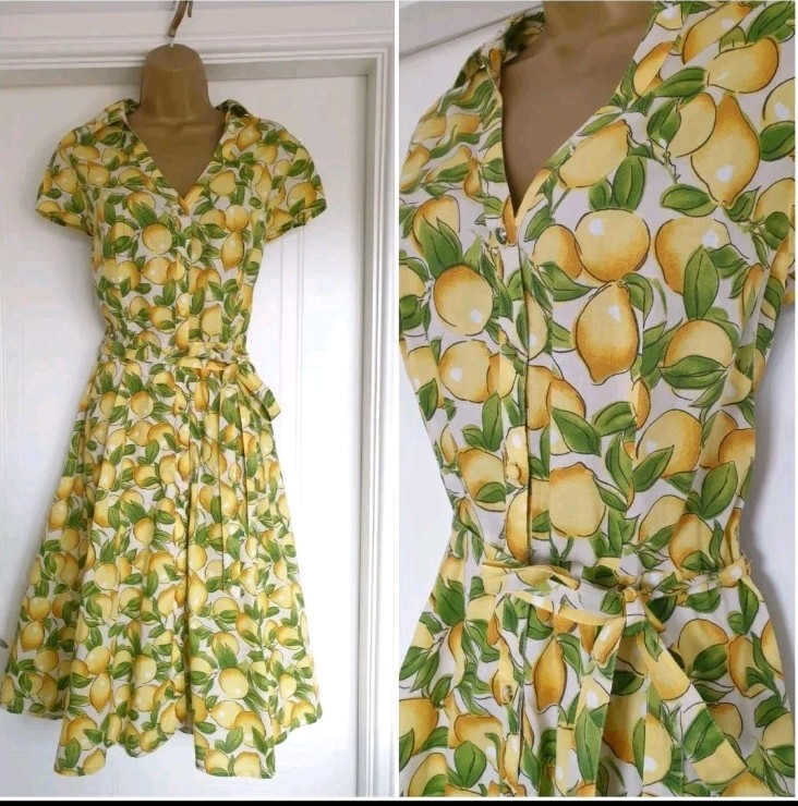 Vintage 1940s 1950s Style Lemon Tea Rockabilly Cotton Dress Size 14 Twinwood