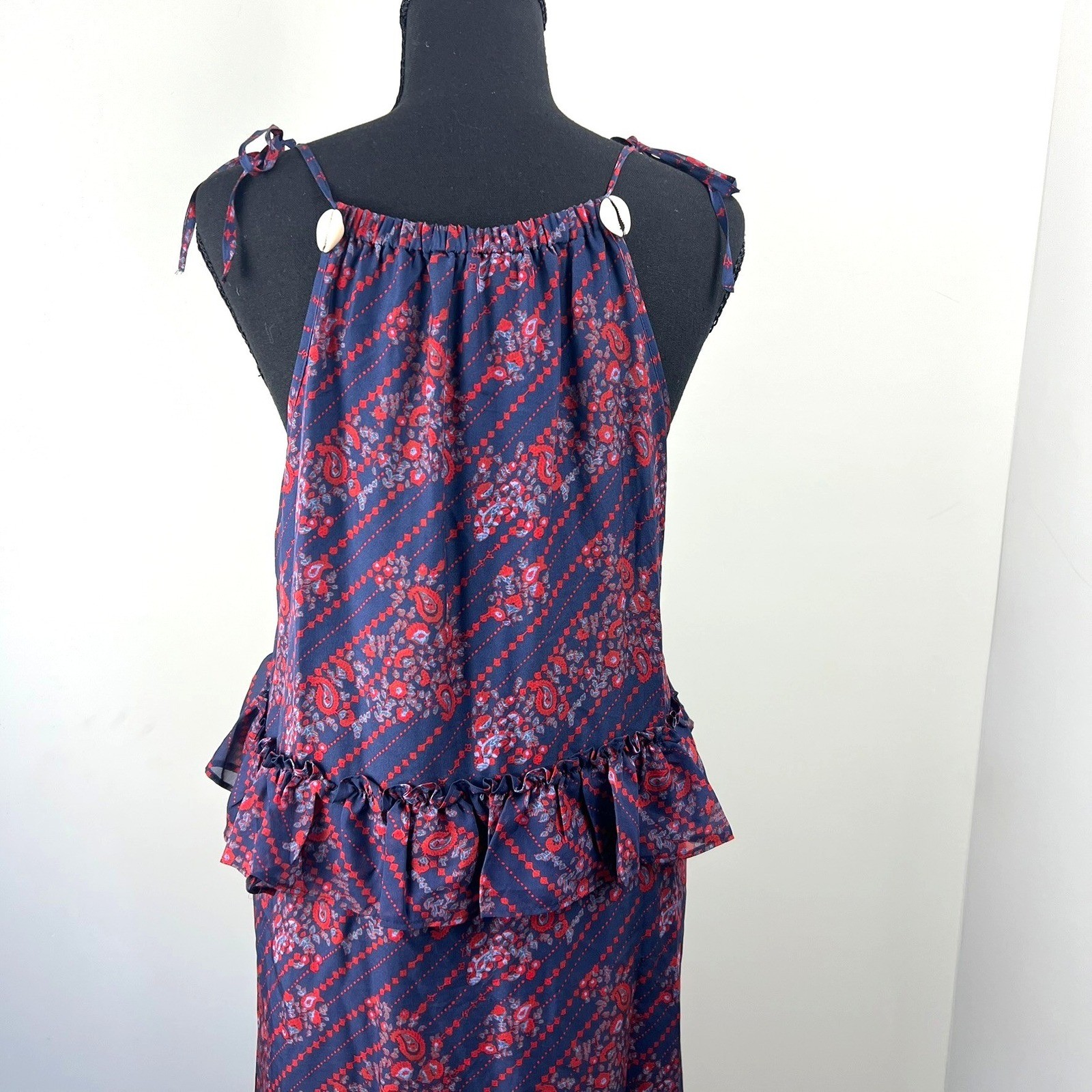 Figue Alina Paisley Silk Cowrie Shell Ruffle Maxi Dress S Boho Resort Luxury