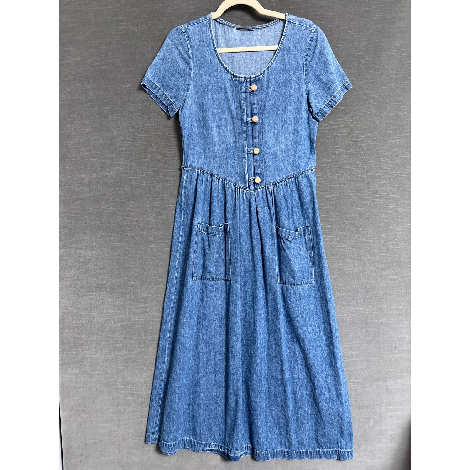 Vintage 90s Dress M Blue Denim Button Short Sleeve Midi Cottage Country Western