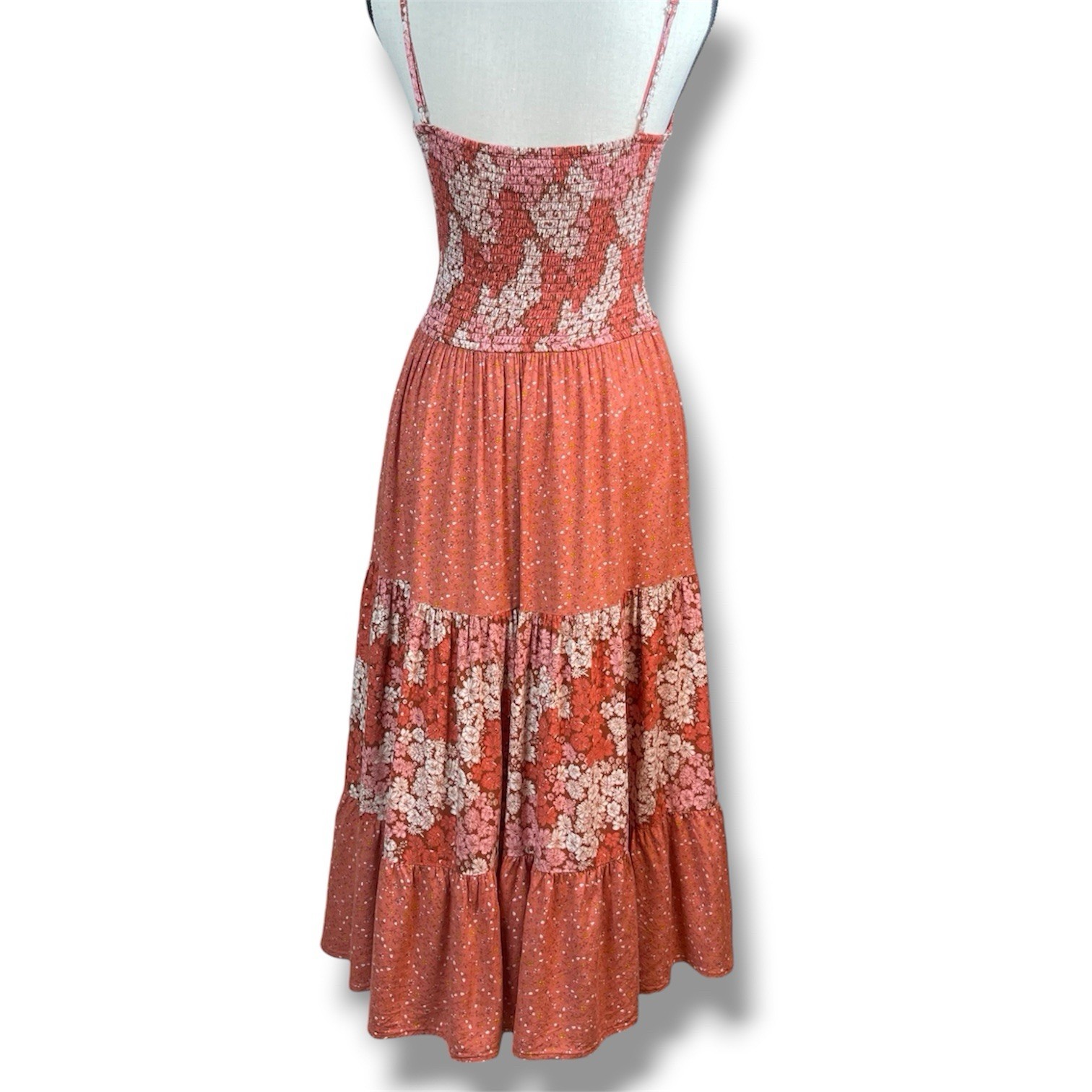 Floral Maxi SunDress Smocked Rust Orange Tiered Dress Cottagecore Boho Chic, S