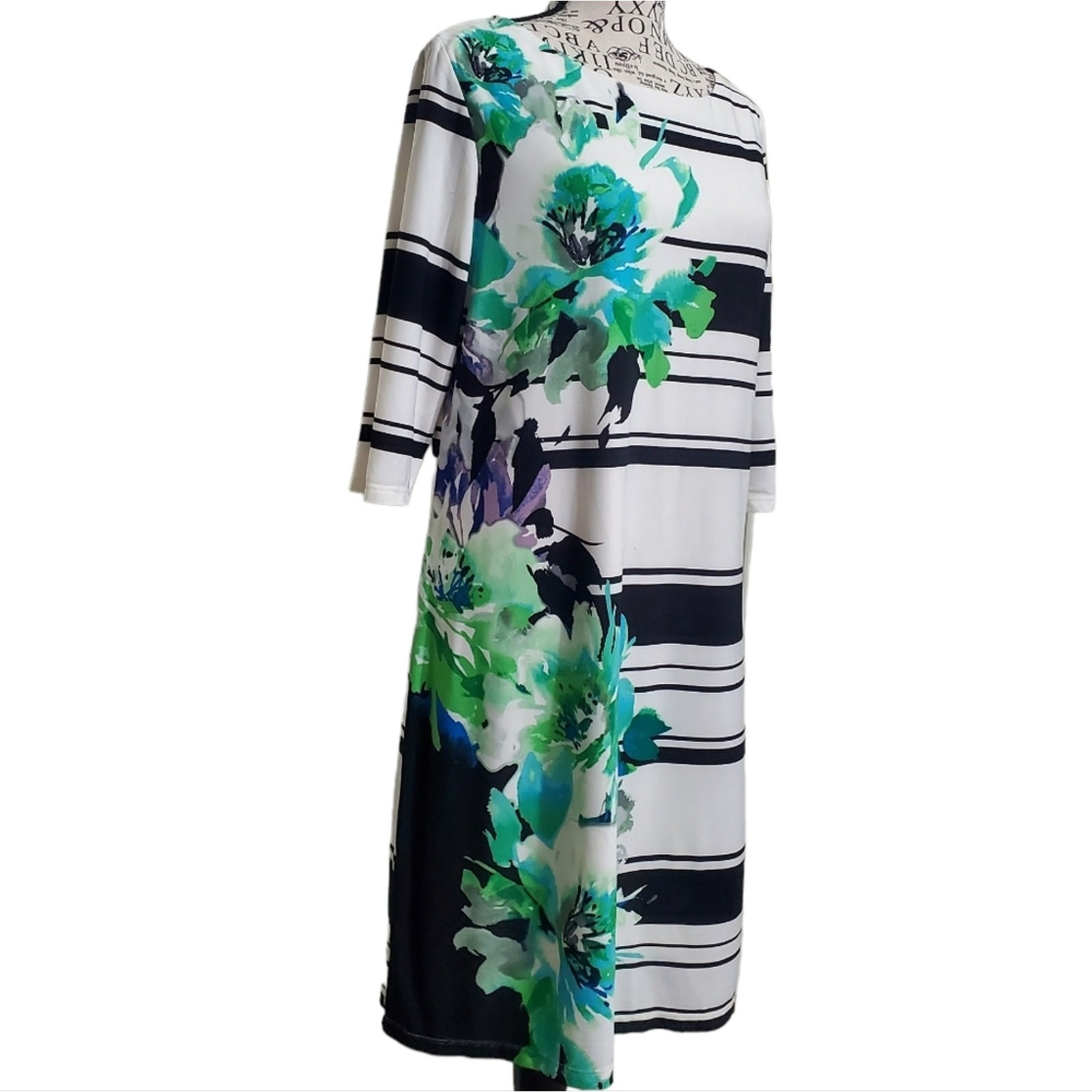 Studio One New York Cream & Black Striped Green Floral Print Midi Dress Medium