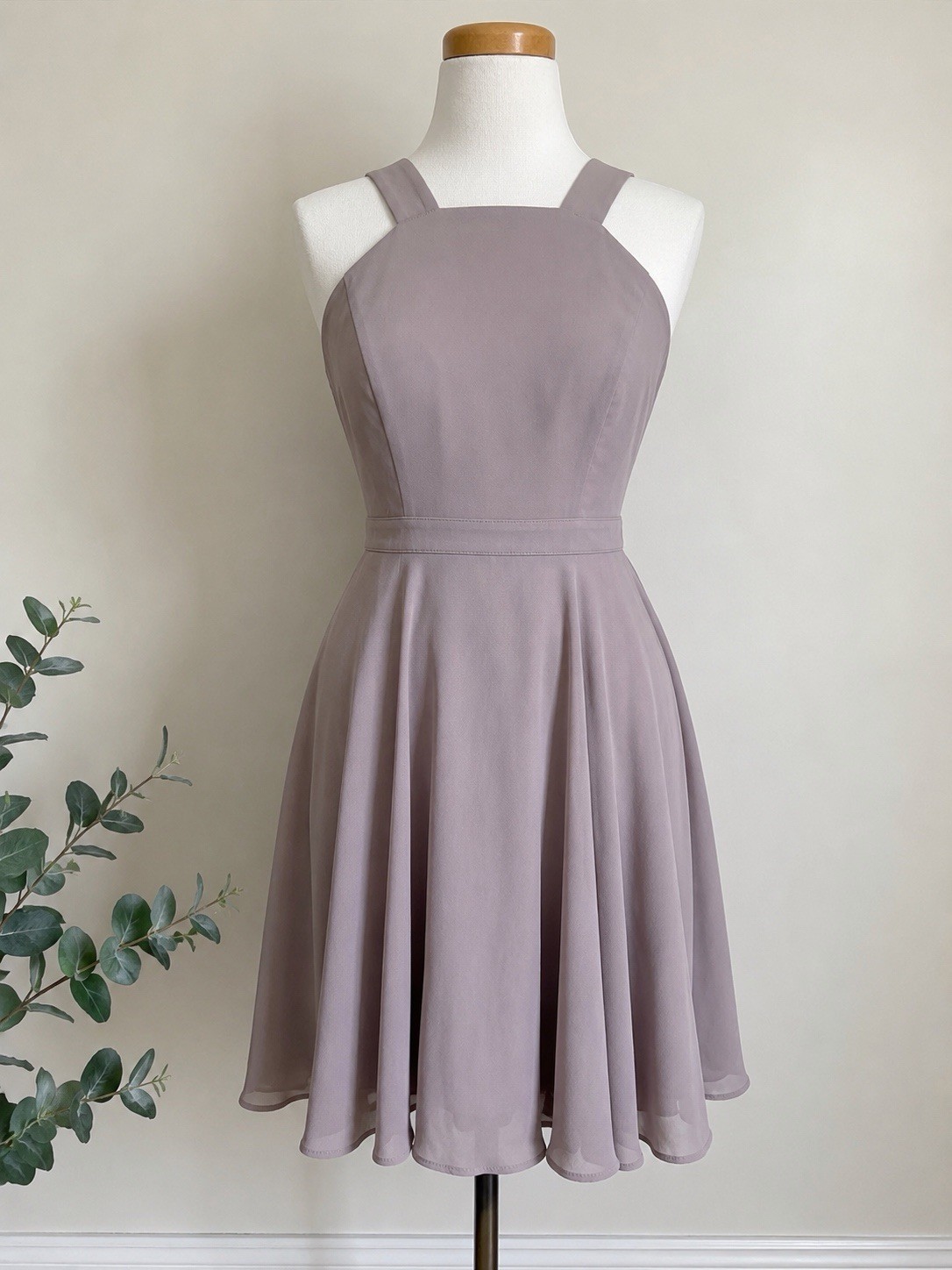 Lulus Forevermore Skater Dress M Dusty Mauve Chiffon Cross Back Wedding Guest
