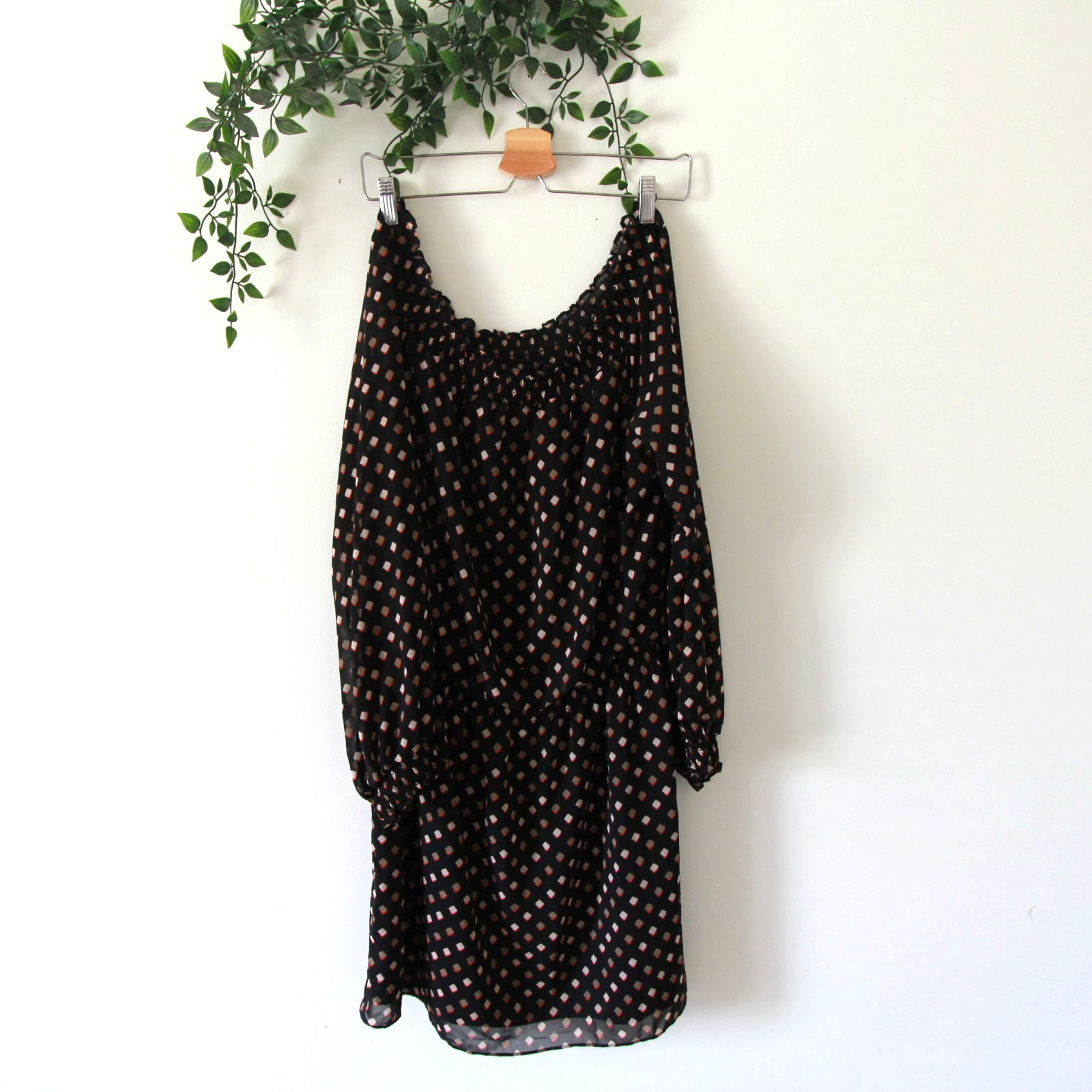 White House Black Market Black Brown Printed Lined Smocked Long Sleeve Dress L