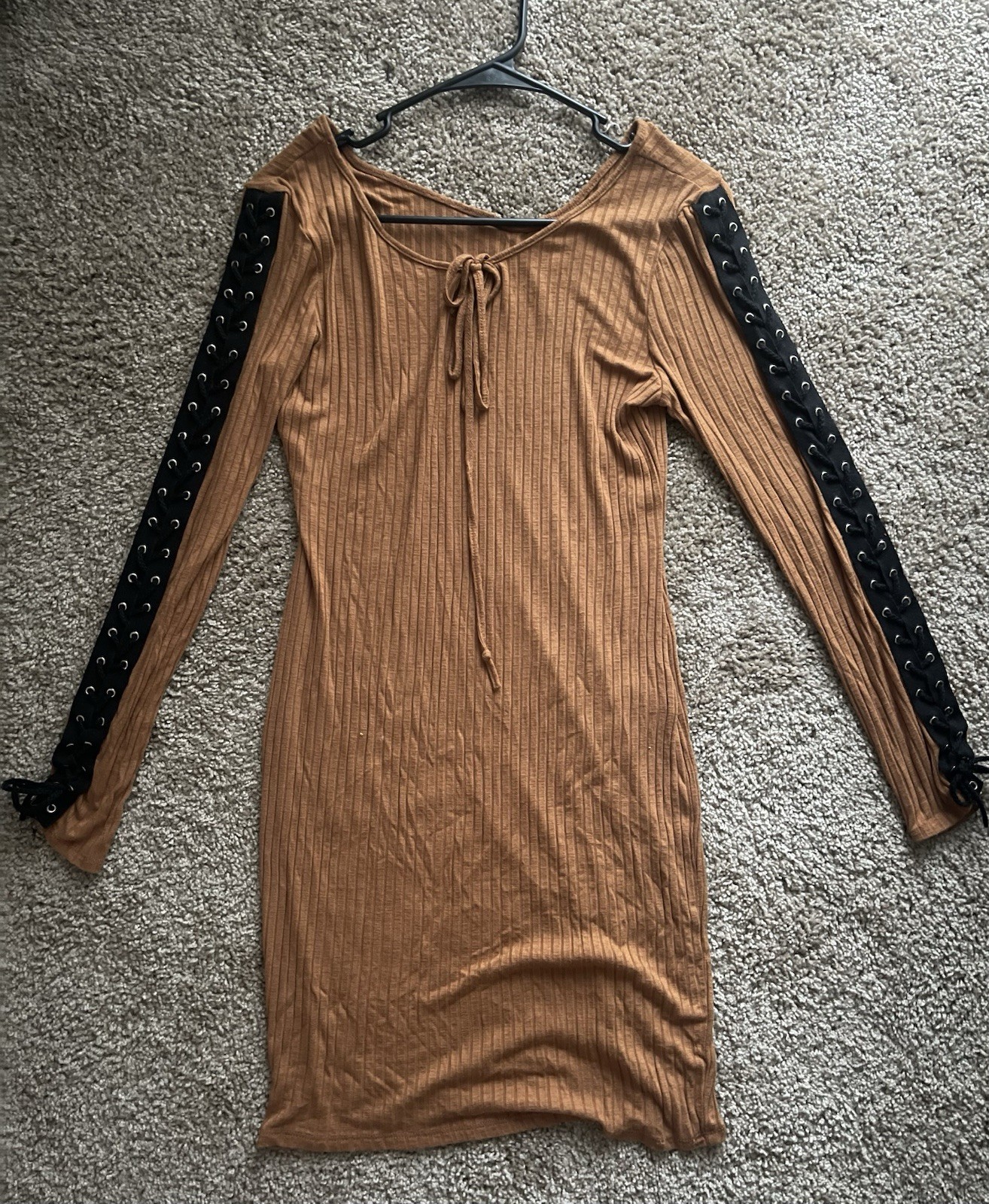 Brown Ribbed Knit Lace Up Sleeve Tie Front Dress Large