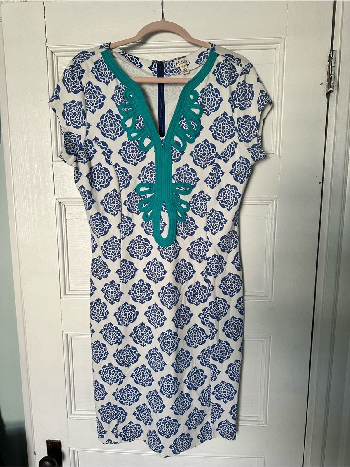 Hatley Tile Print Fitted Stretch Sheath Dress Teal Embroidered Trim L