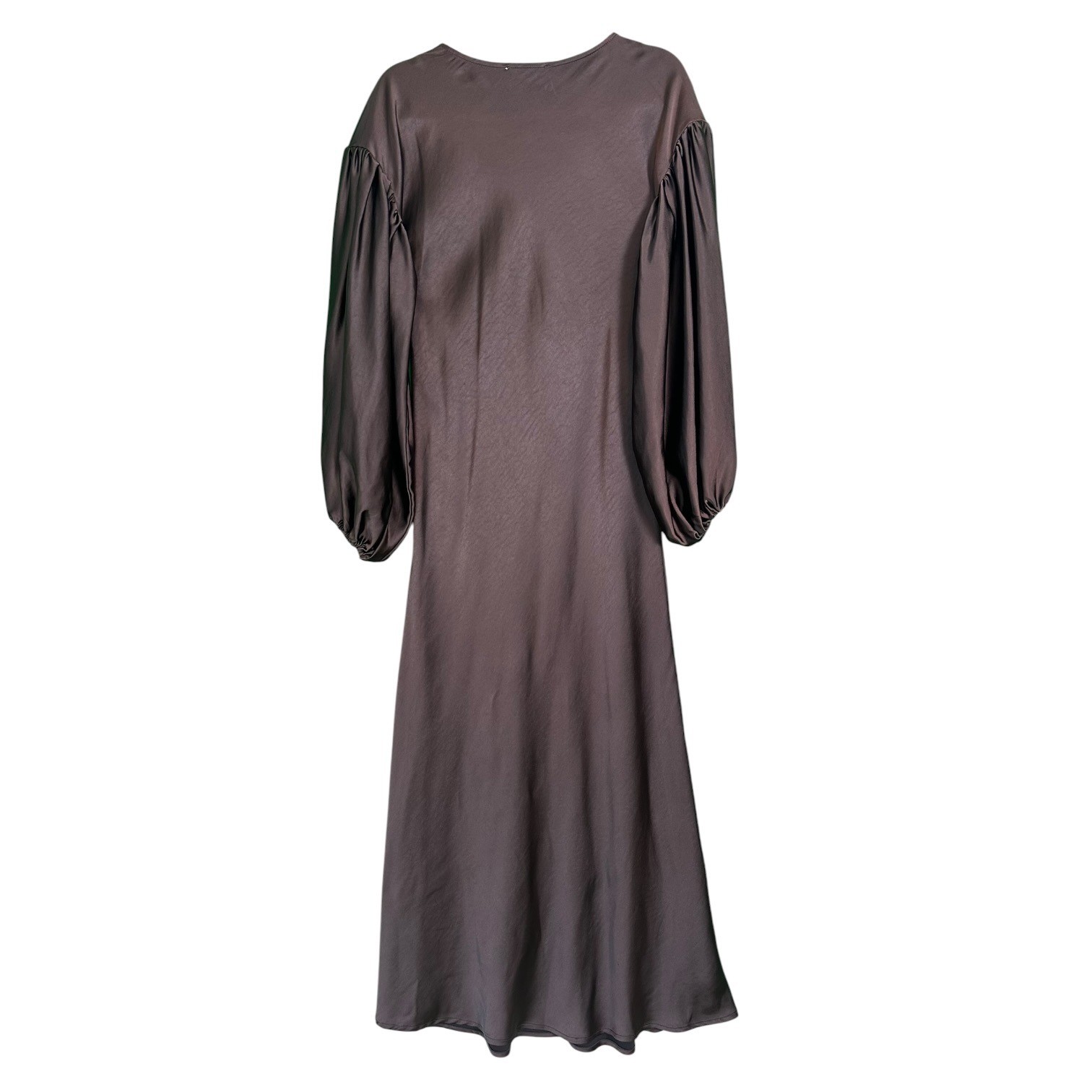 WeWoreWhat Maxi Dress Balloon Sleeve Satin Charmeuse Tie Waist Brown 2 Boho Chic