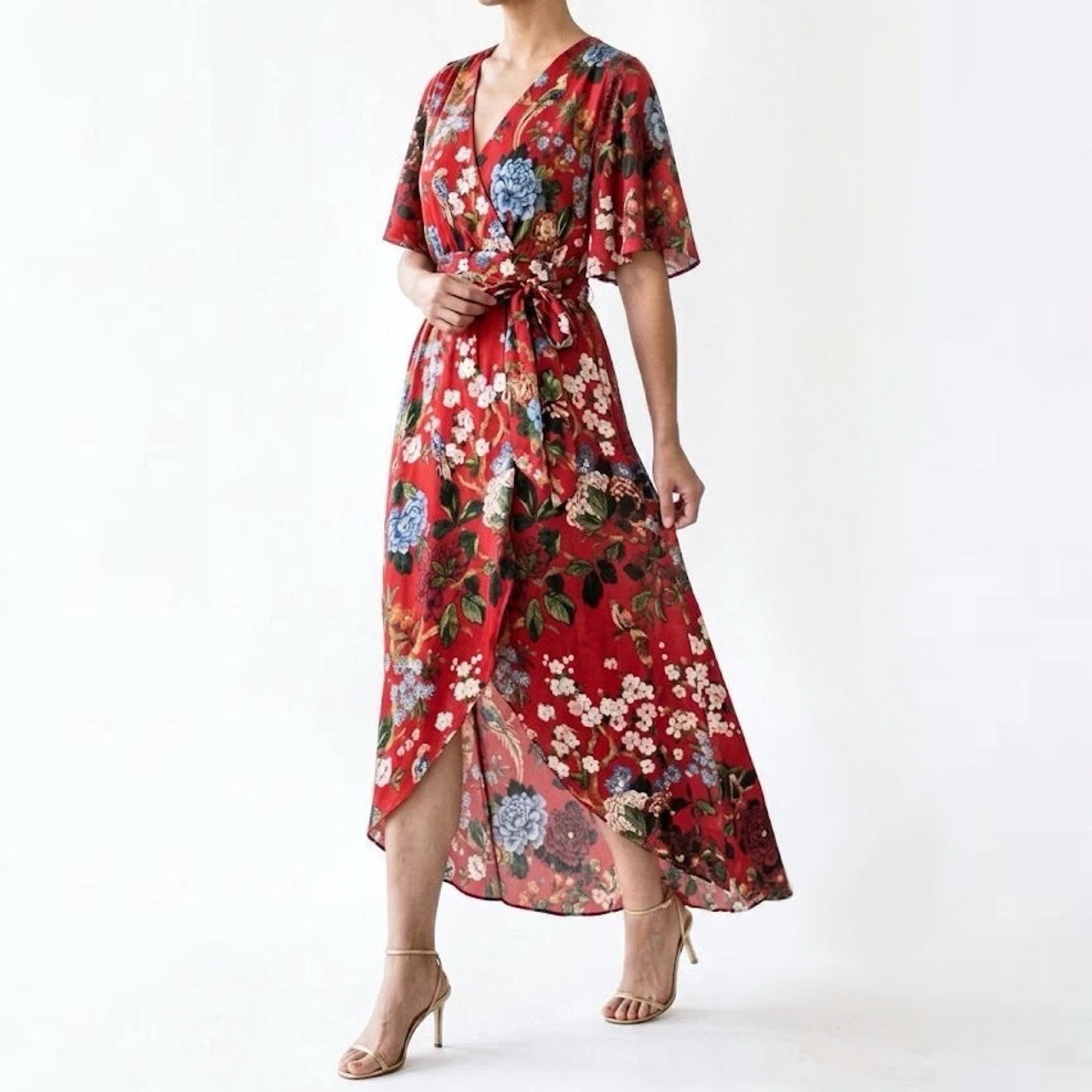 Alice + Olivia Size 6 Clarine Red Floral Belted Wrap High-Low Midi Dress