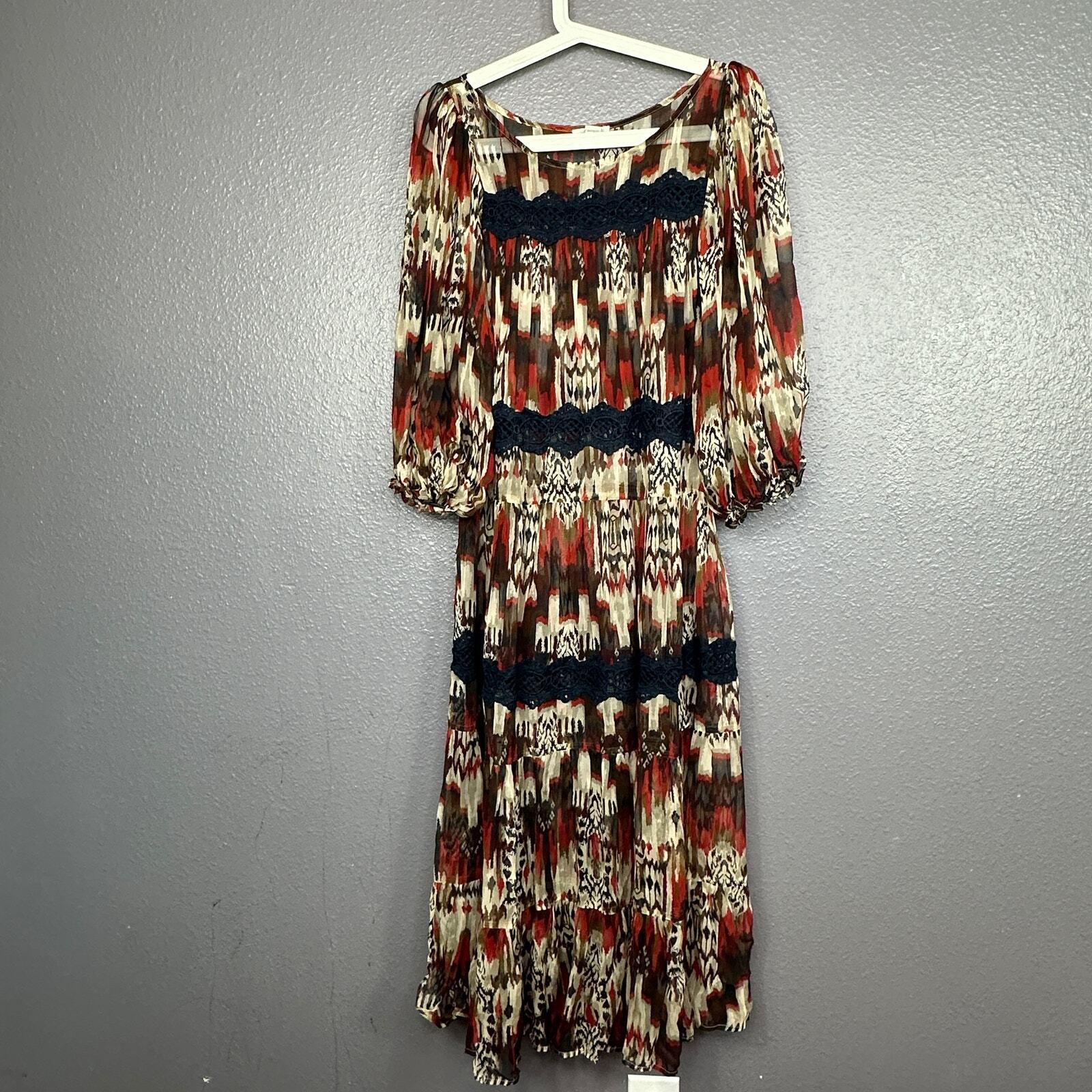 Sundance Autumnal Dreams Dress Red Brown Southwestern Tiered Midi Lace Small