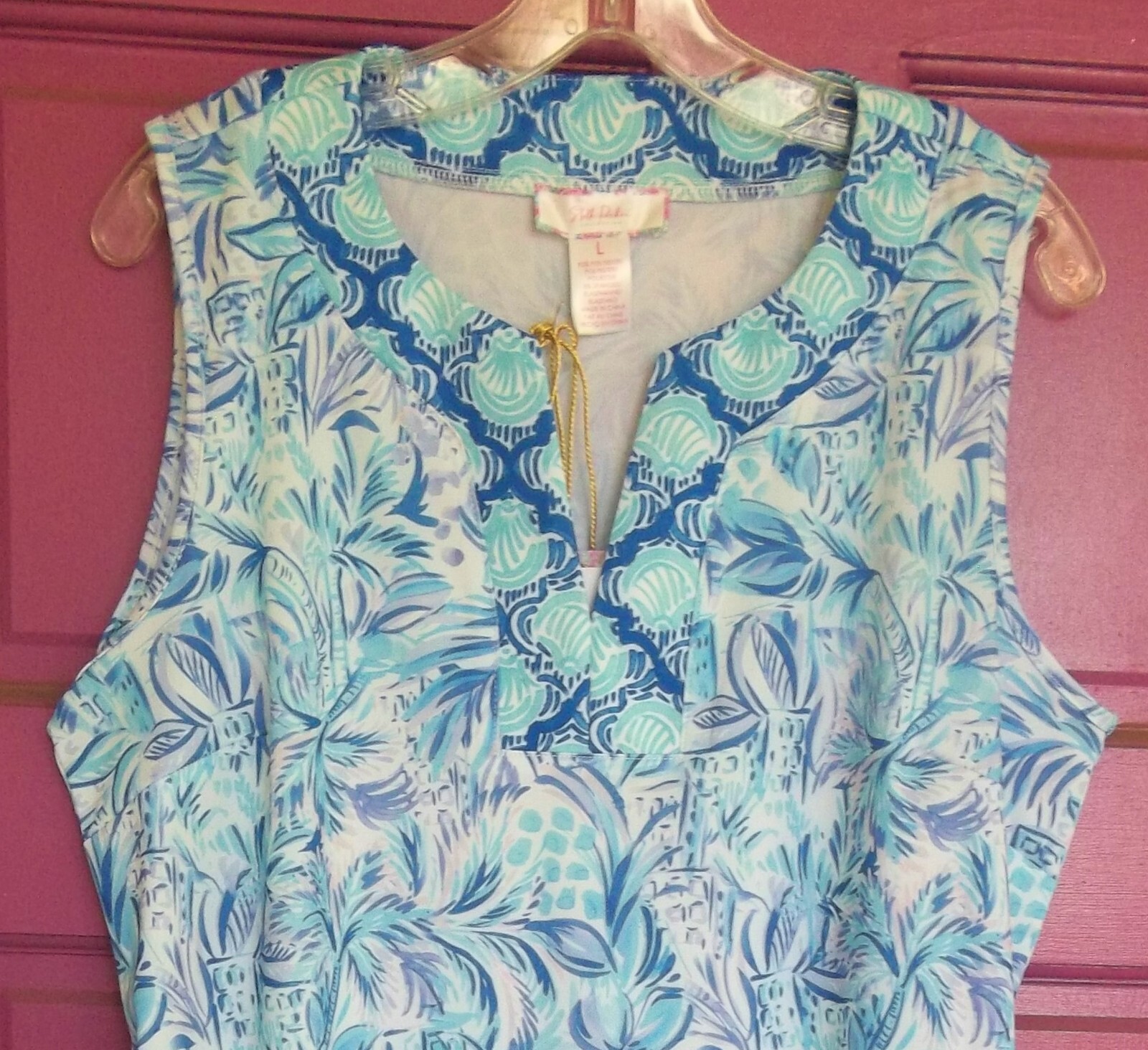 NWT Stella Parker Dress L Palms Blue Tropical Floral Sleeveless Pullover Pockets