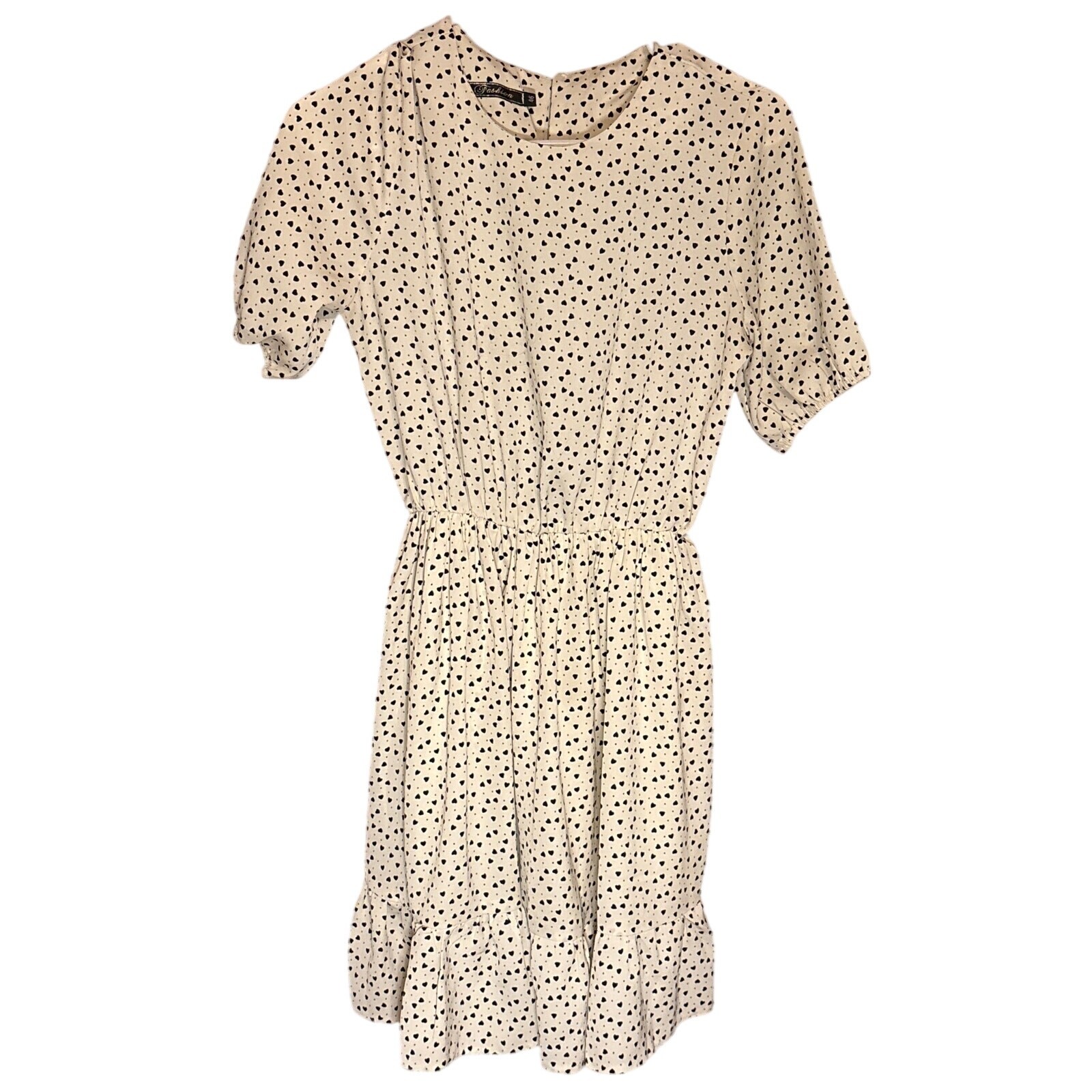Women’s light cream and black small heart polka dot short sleeve dress size M