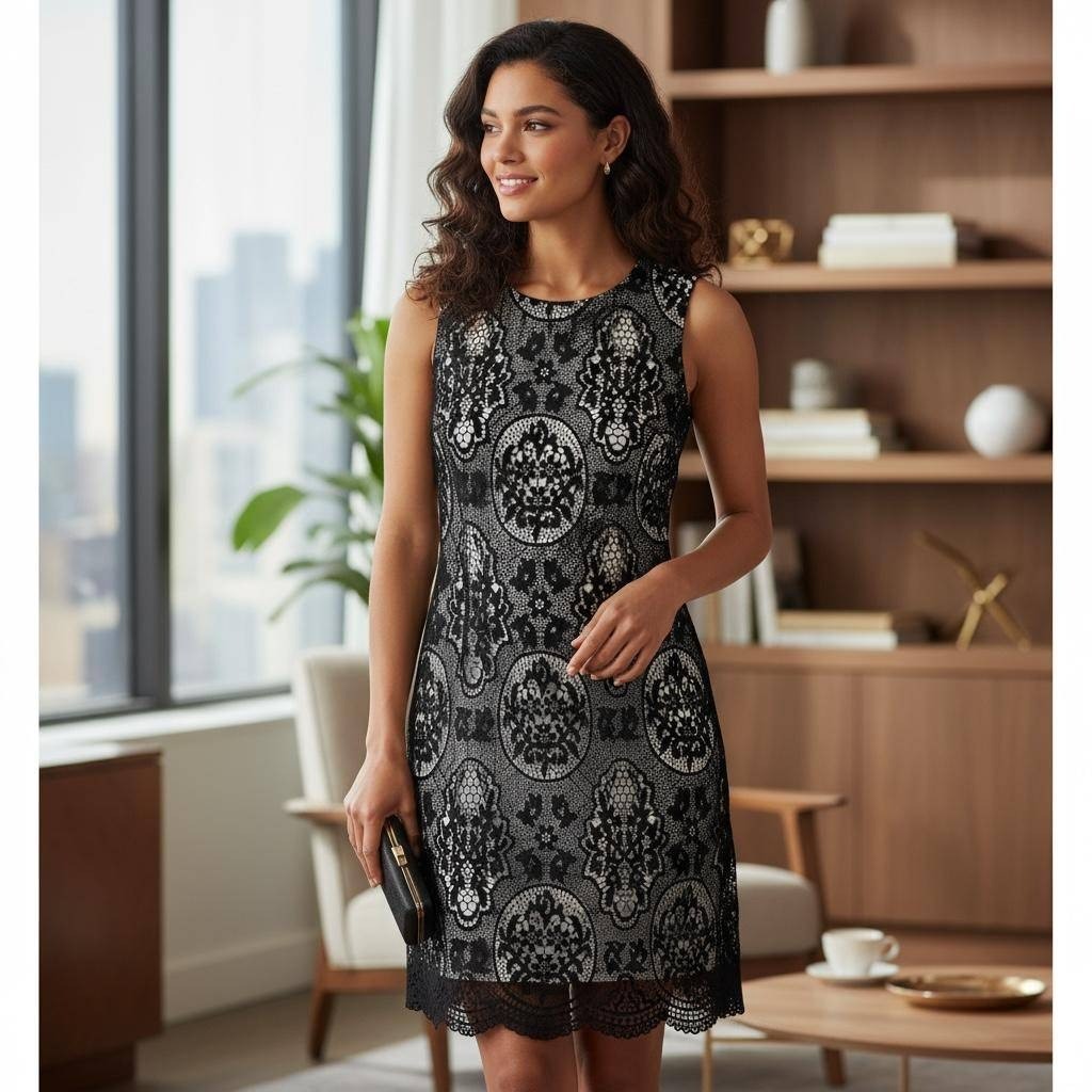 Maia Black Lace Mini Dress Size 8 Sleeveless Scalloped Hem Cocktail Party