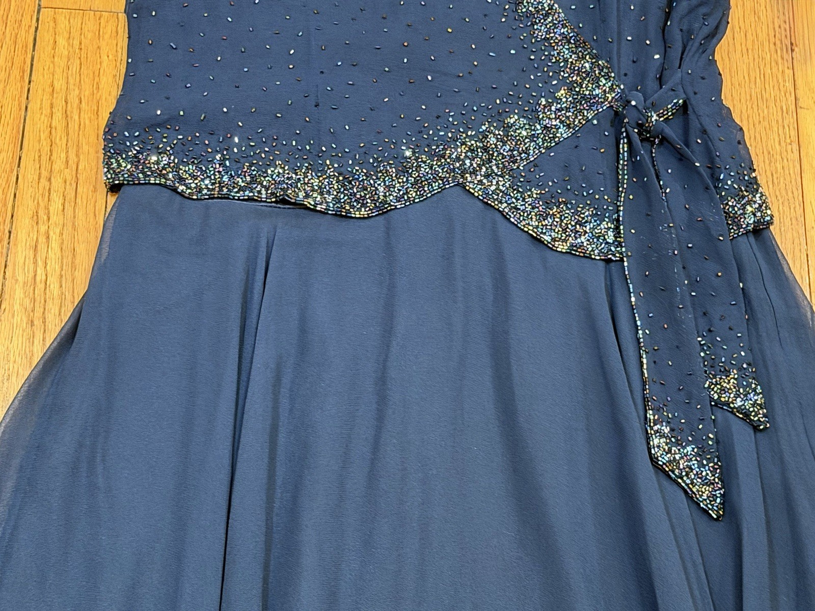 JKARA Beaded MaxiDress Navy Blue Flutter Sleeve Formal Evening Wedding Womens 14