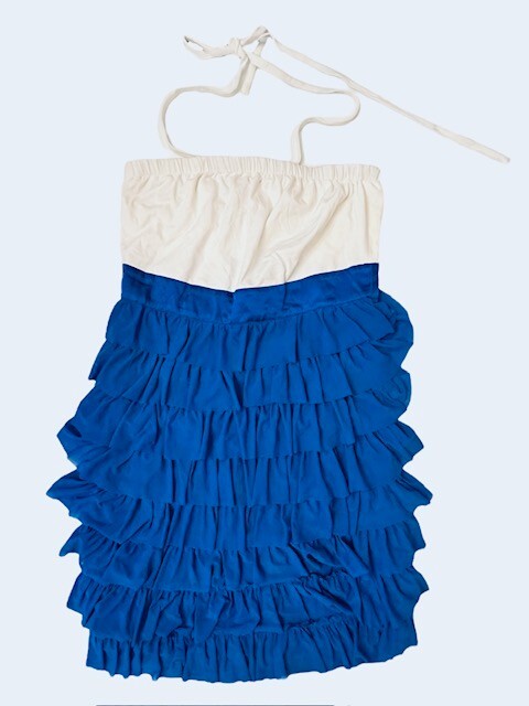 Junior’s Strapless Tiered Ruffle Dress White Navy Blue Halter Tie Nautical Mini