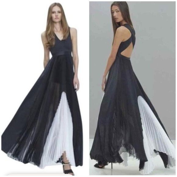 Alexis Federico Long Pleated Organza Silk Maxi Dress Black White Sz M
