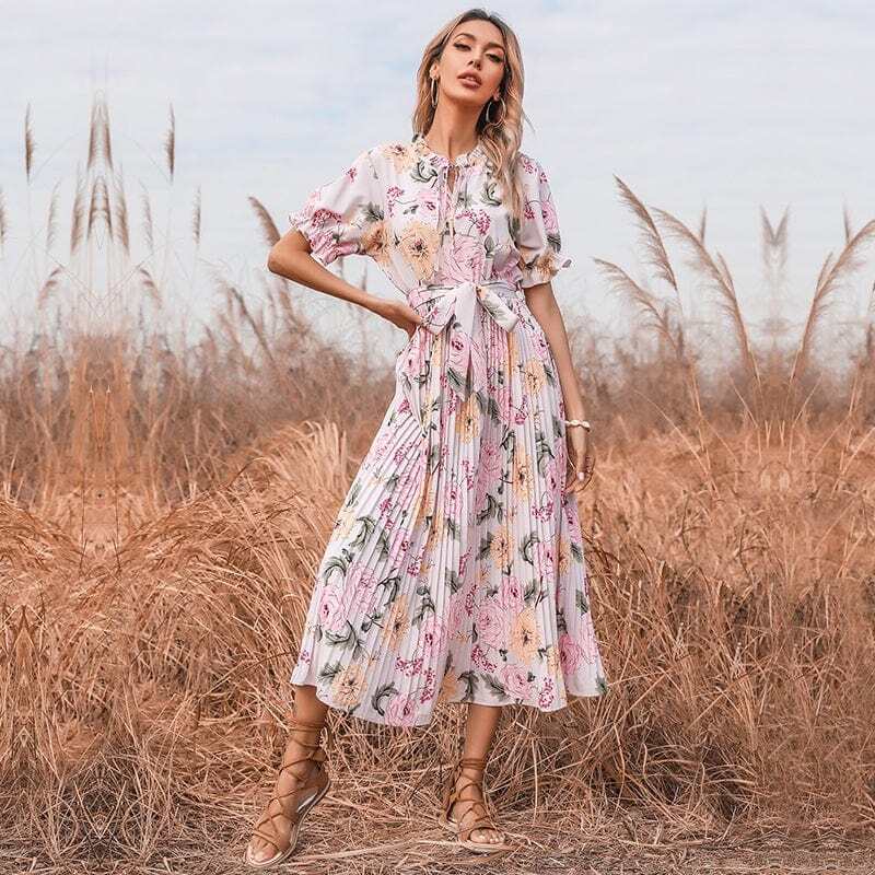 Ruffle Neck Pleated Dress