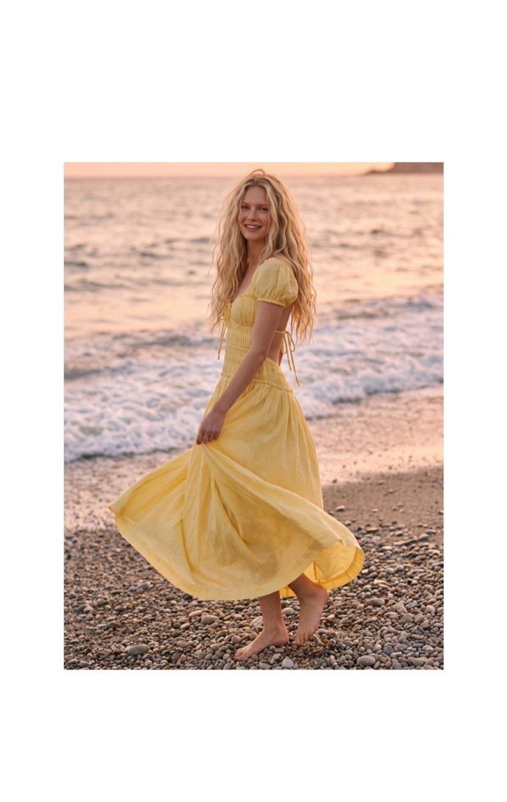 Free People Yellow Solid Square Neck Backless Smocked Puff Sleeve Midi P