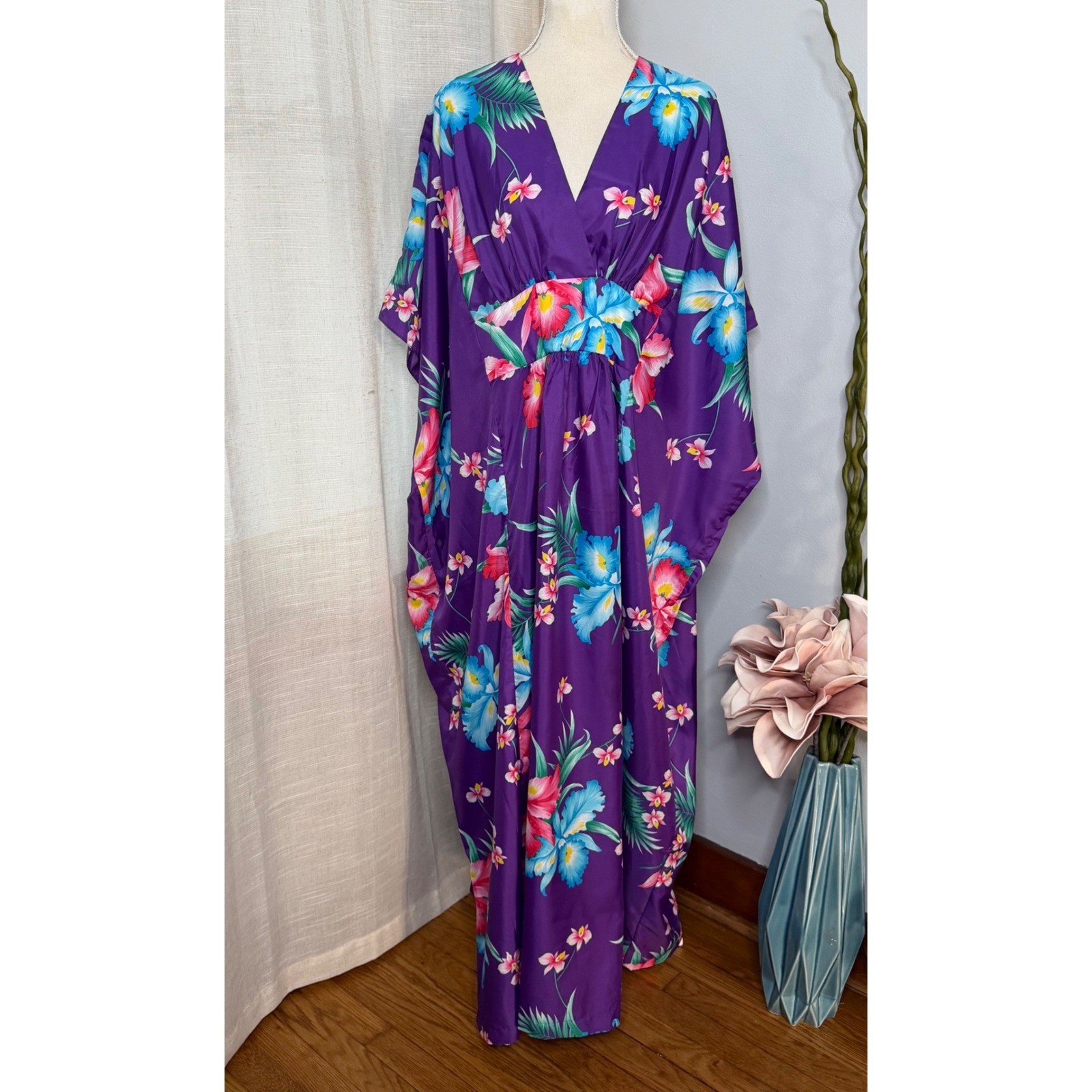 NWT Royal Creations Hawaii Kaftan Maxi Dress Tropical Floral Purple Kimono OS