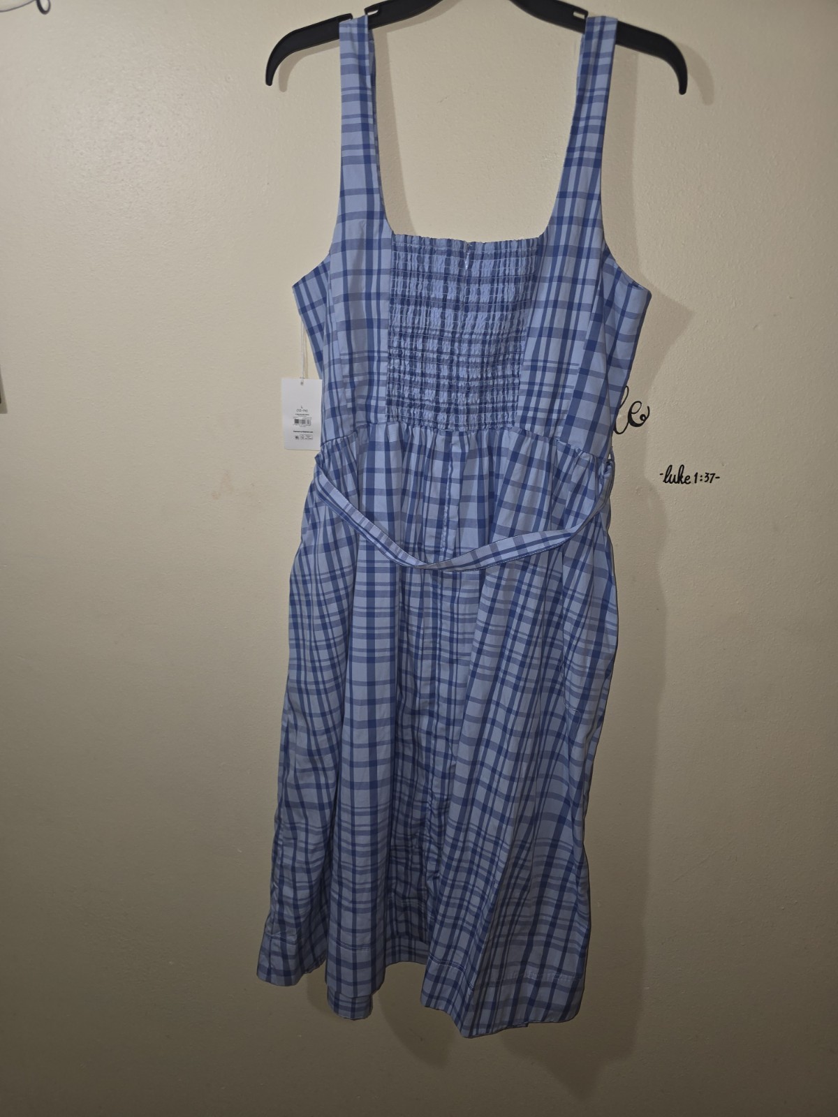 Free Assembly Women’s Size L Blue Plaid Cotton Smocked Midi Dress