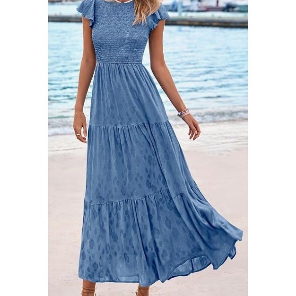 PRETTYGARDEN Midi Dress Women S Blue Smocked Floral Cap Sleeve A-Line NWT