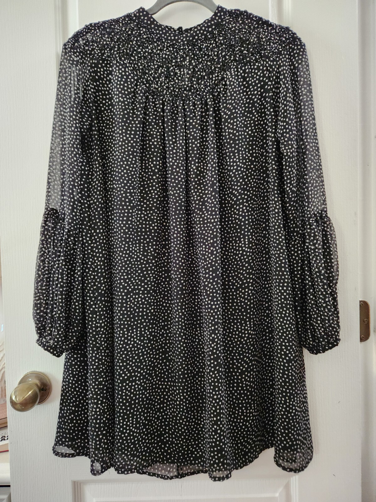 ZARA Collection Smocked High Neck Black/Ivory Polka Dot Dress Long Sleeve Size S