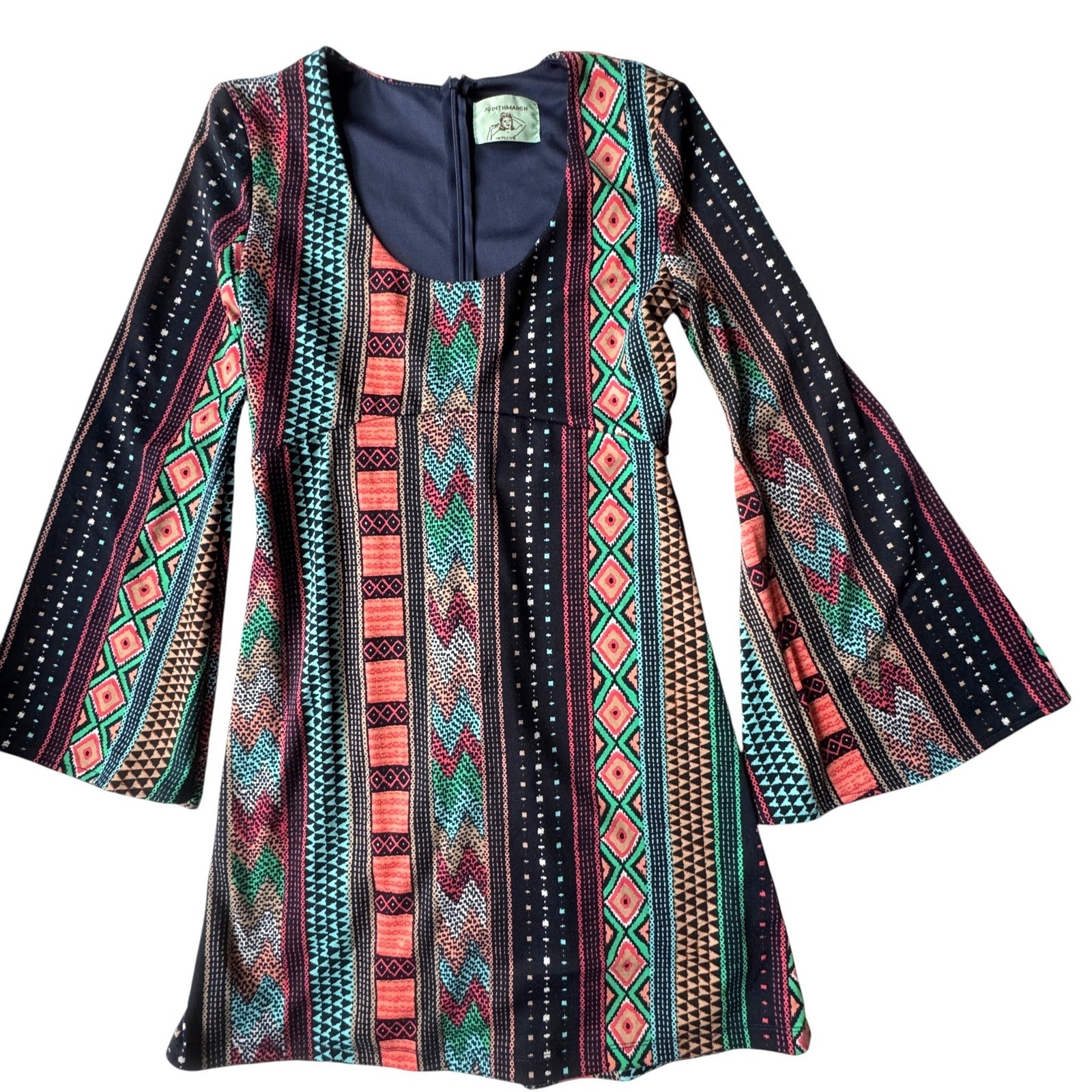 Judith March Bell Sleeve Mini Dress Womens Medium Geometric Tribal Print Retro