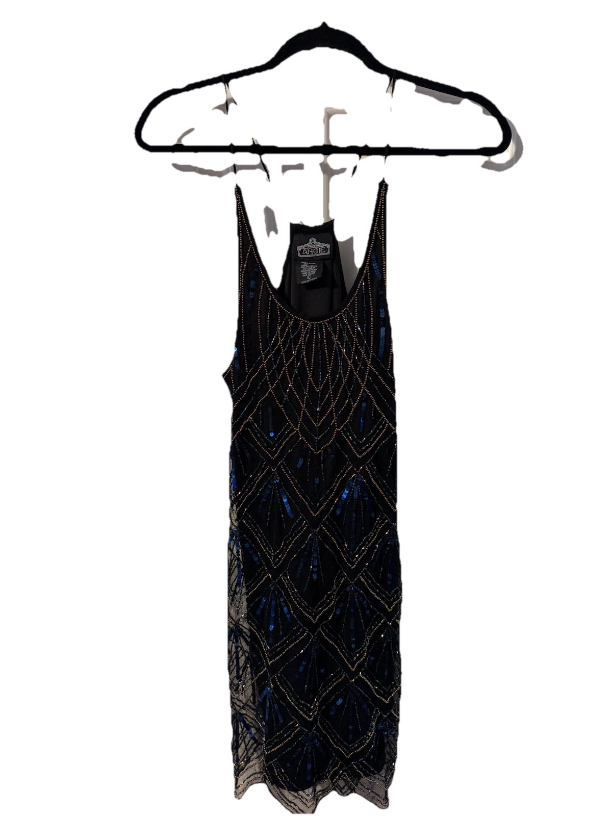 Angie Large Beaded Cocktail Dress short spaghetti strap