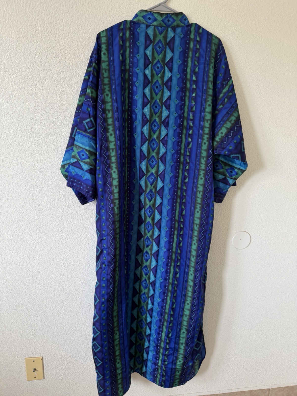 Sante Classics Women M Blue Green Geometric Print Button Front Long Dress Zipper