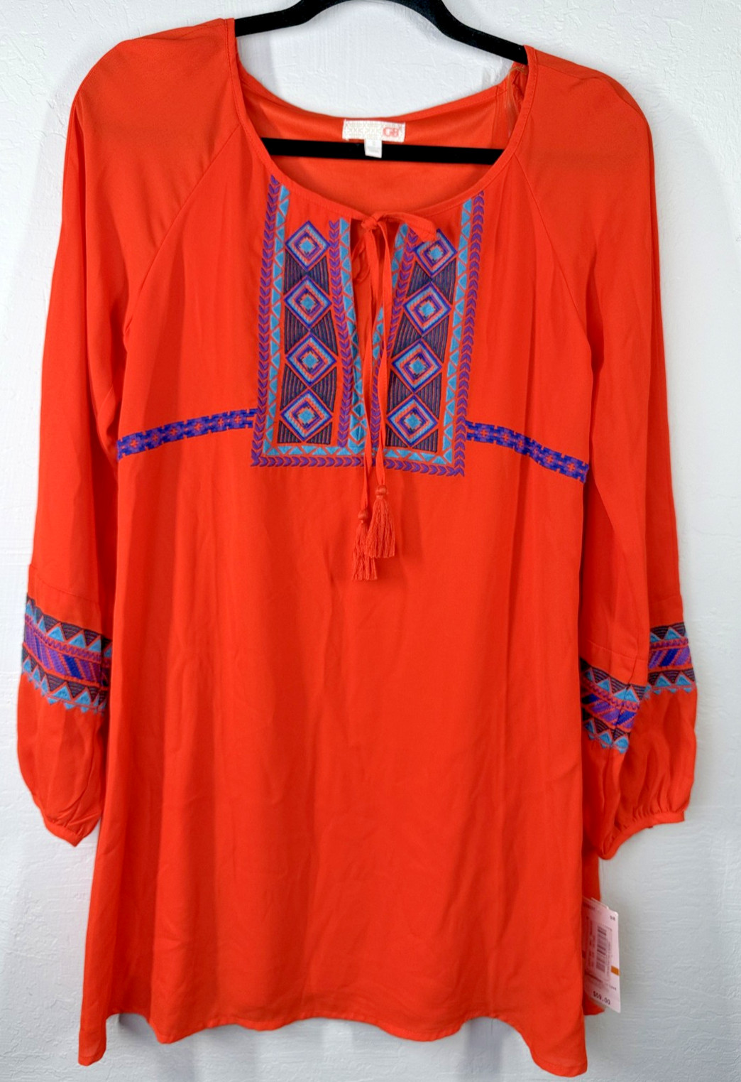 GB Tunic Dress Womens Small Orange Embroidered Boho Long Sleeve Tassel Trim New